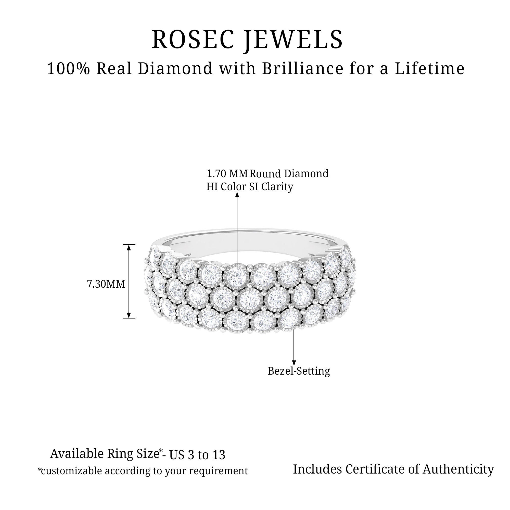 Diamond 3 Row Wide Wedding Band Ring Diamond - ( HI-SI ) - Color and Clarity - Rosec Jewels