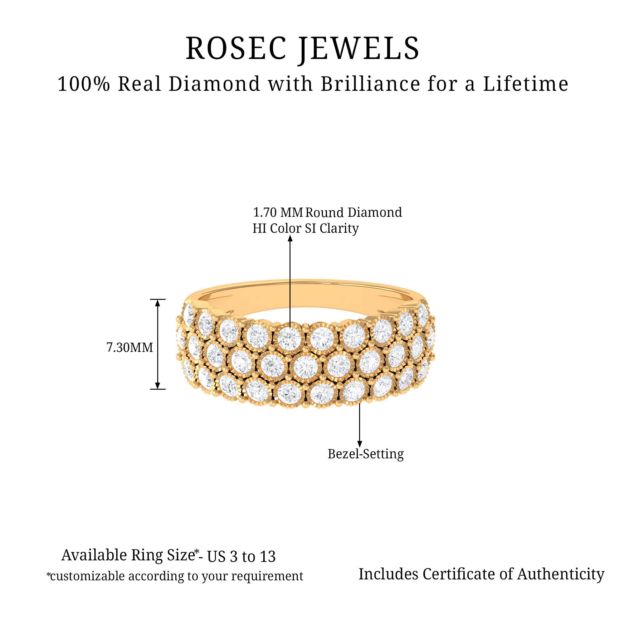 Diamond 3 Row Wide Wedding Band Ring Diamond - ( HI-SI ) - Color and Clarity - Rosec Jewels