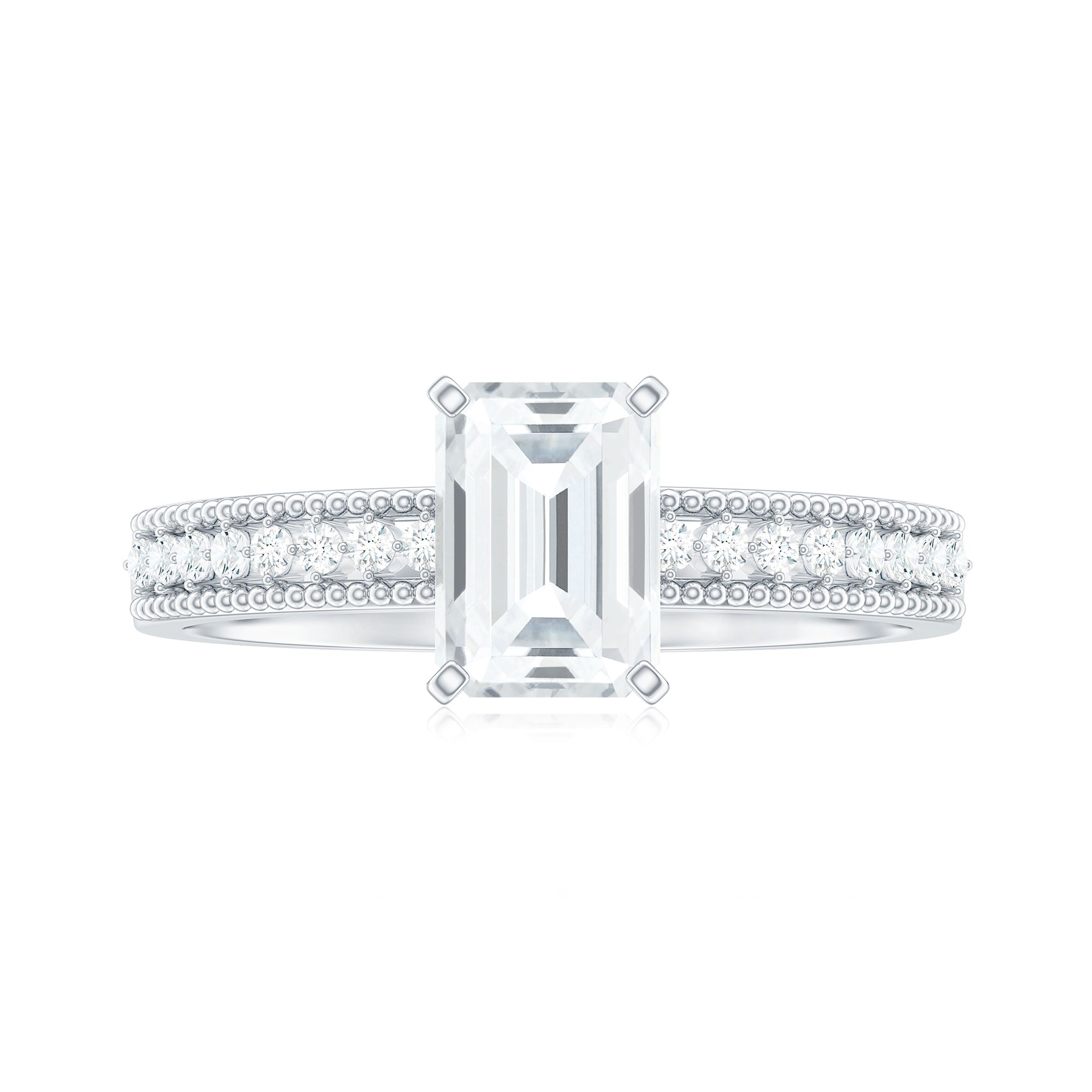 Emerald Cut Moissanite Solitaire Engagement Ring with Gold Beaded Moissanite - ( D-VS1 ) - Color and Clarity - Rosec Jewels