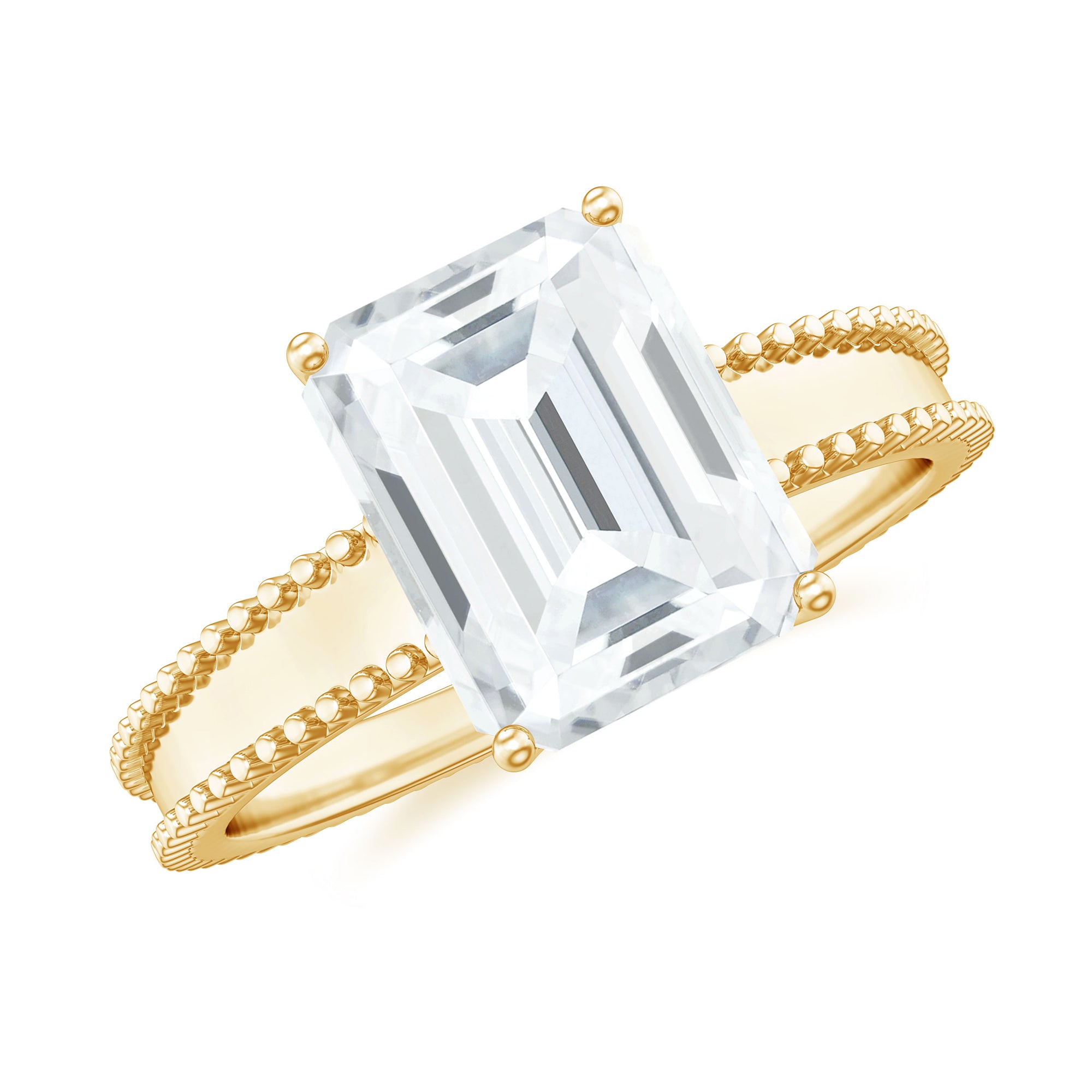 Emerald Cut Moissanite Beaded Solitaire Ring Moissanite - ( D-VS1 ) - Color and Clarity - Rosec Jewels