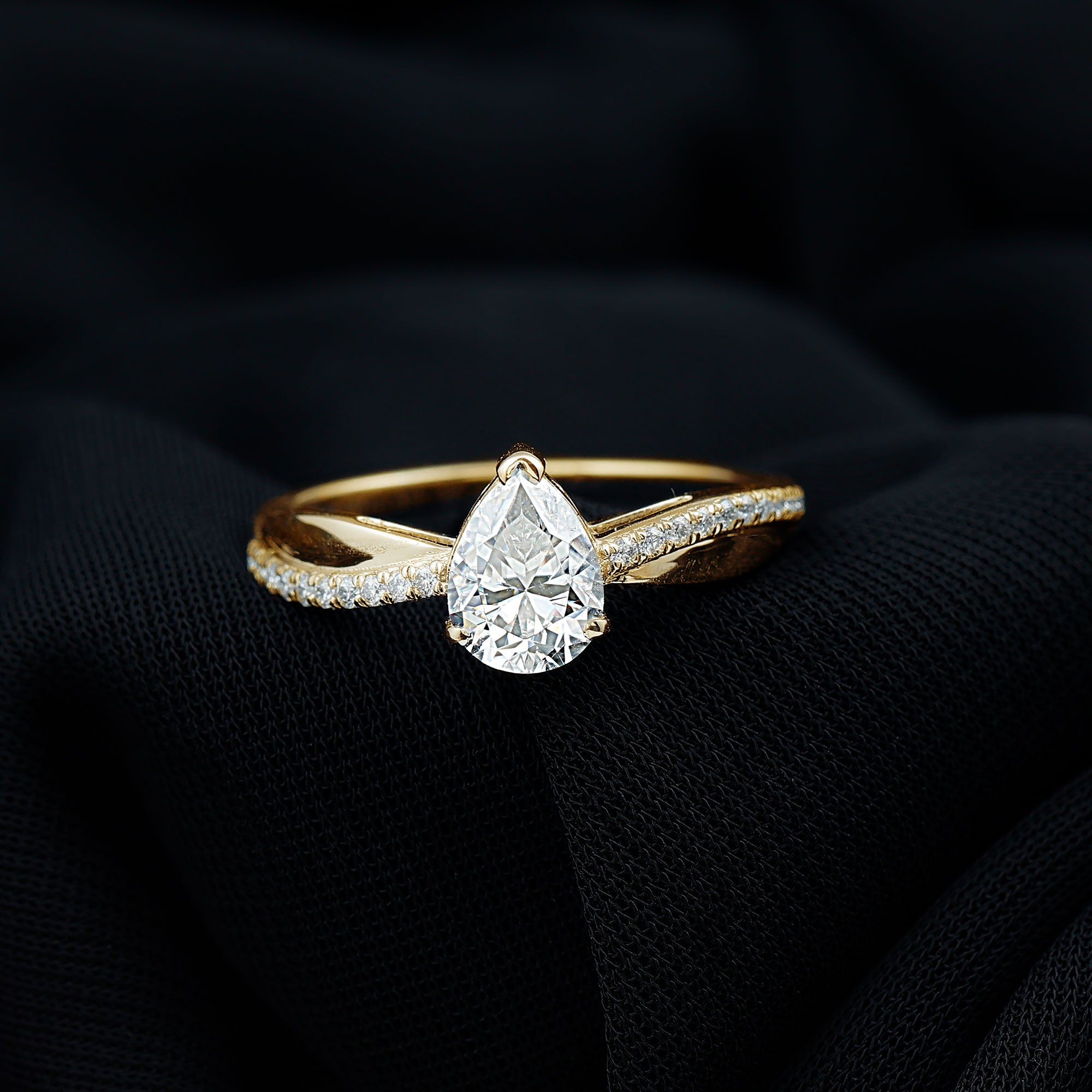Classic Pear Cut Moissanite Solitaire Engagement Ring in Gold Moissanite - ( D-VS1 ) - Color and Clarity - Rosec Jewels