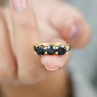 Rosec Jewels-Classic Hexagon Cut Real Black Spinel 3 Stone Ring in Gold