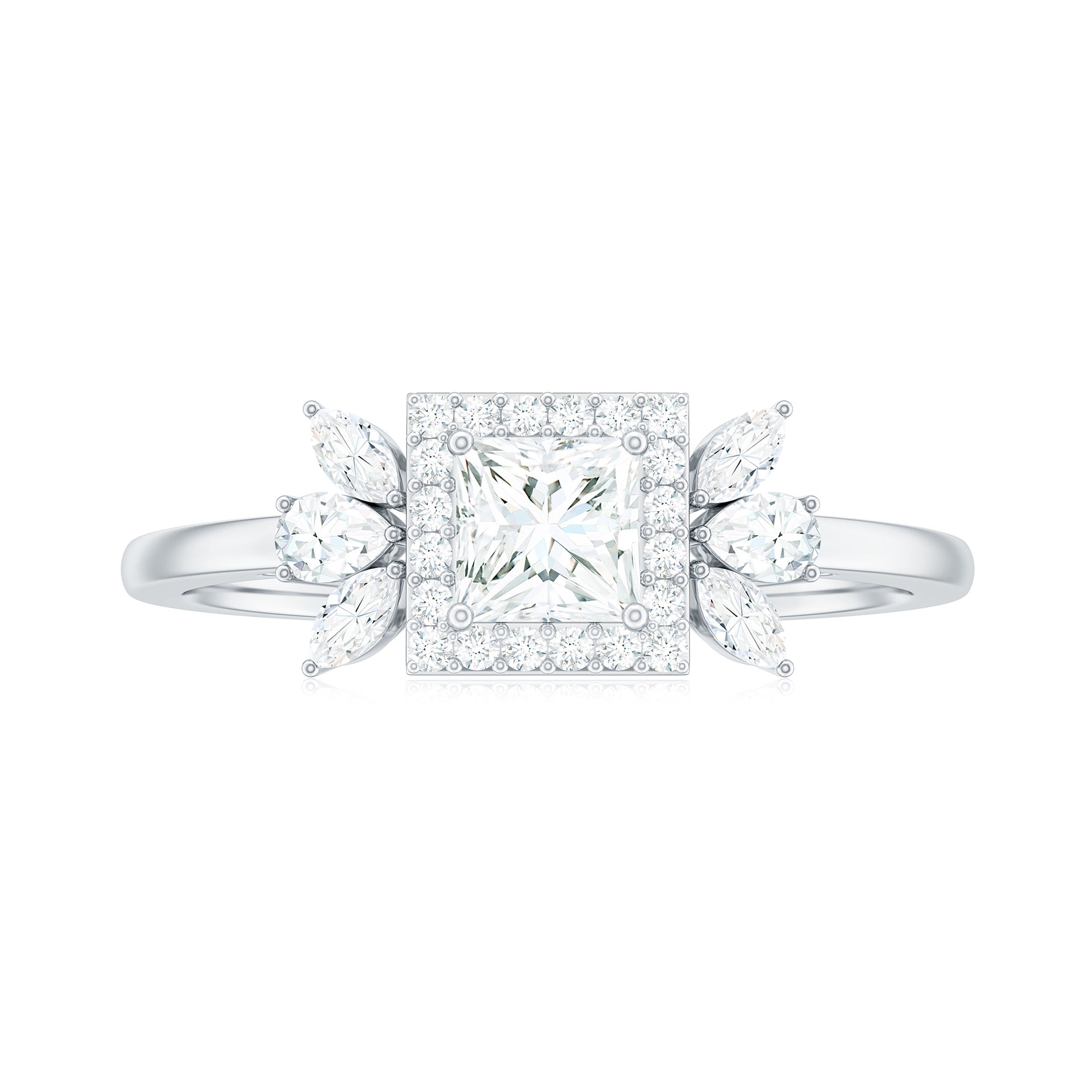 Princess Cut Moissanite Cluster Halo Engagement Ring Moissanite - ( D-VS1 ) - Color and Clarity - Rosec Jewels