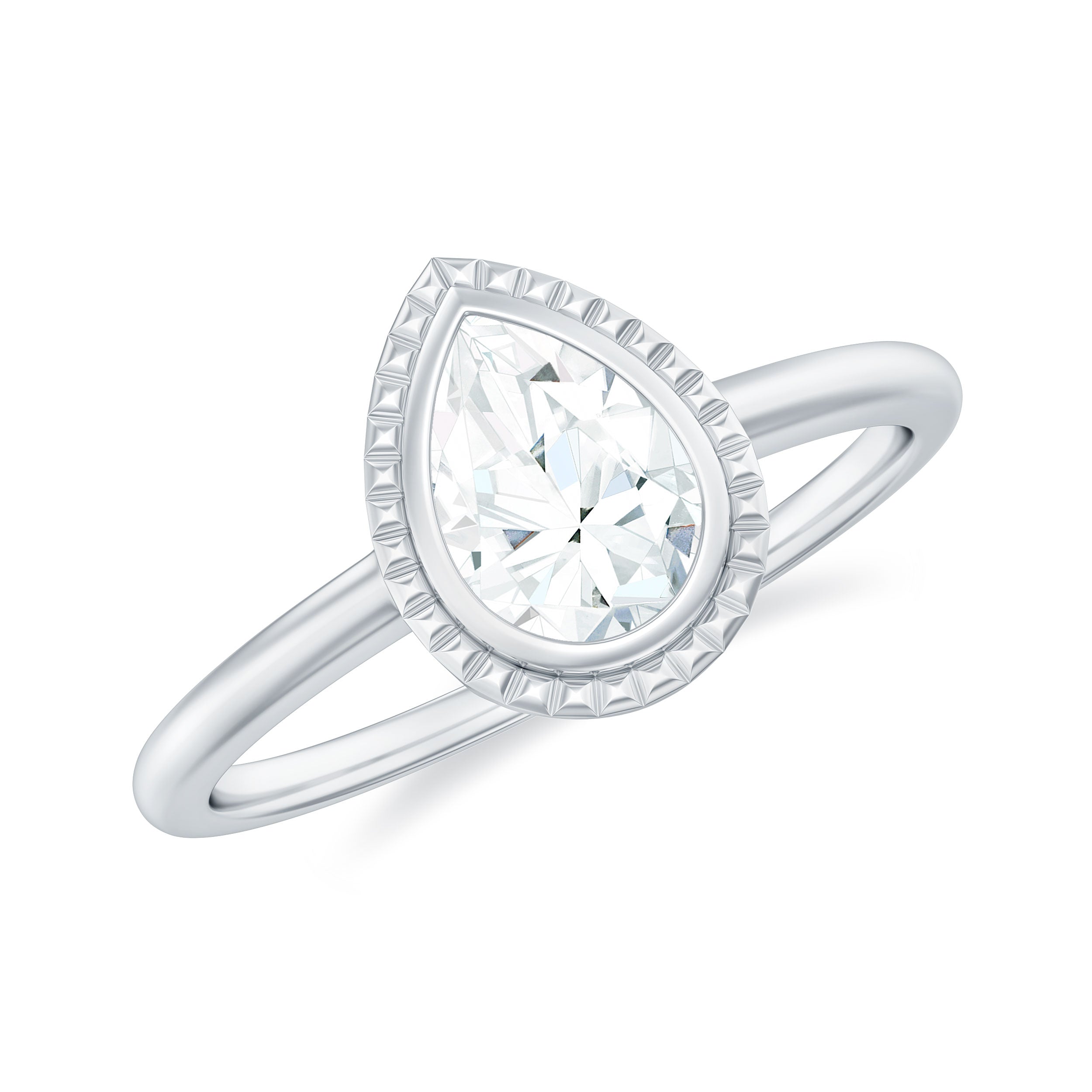 Rosec Jewels-Pear Cut Moissanite Solitaire Gold Engagement Ring in Bezel Setting