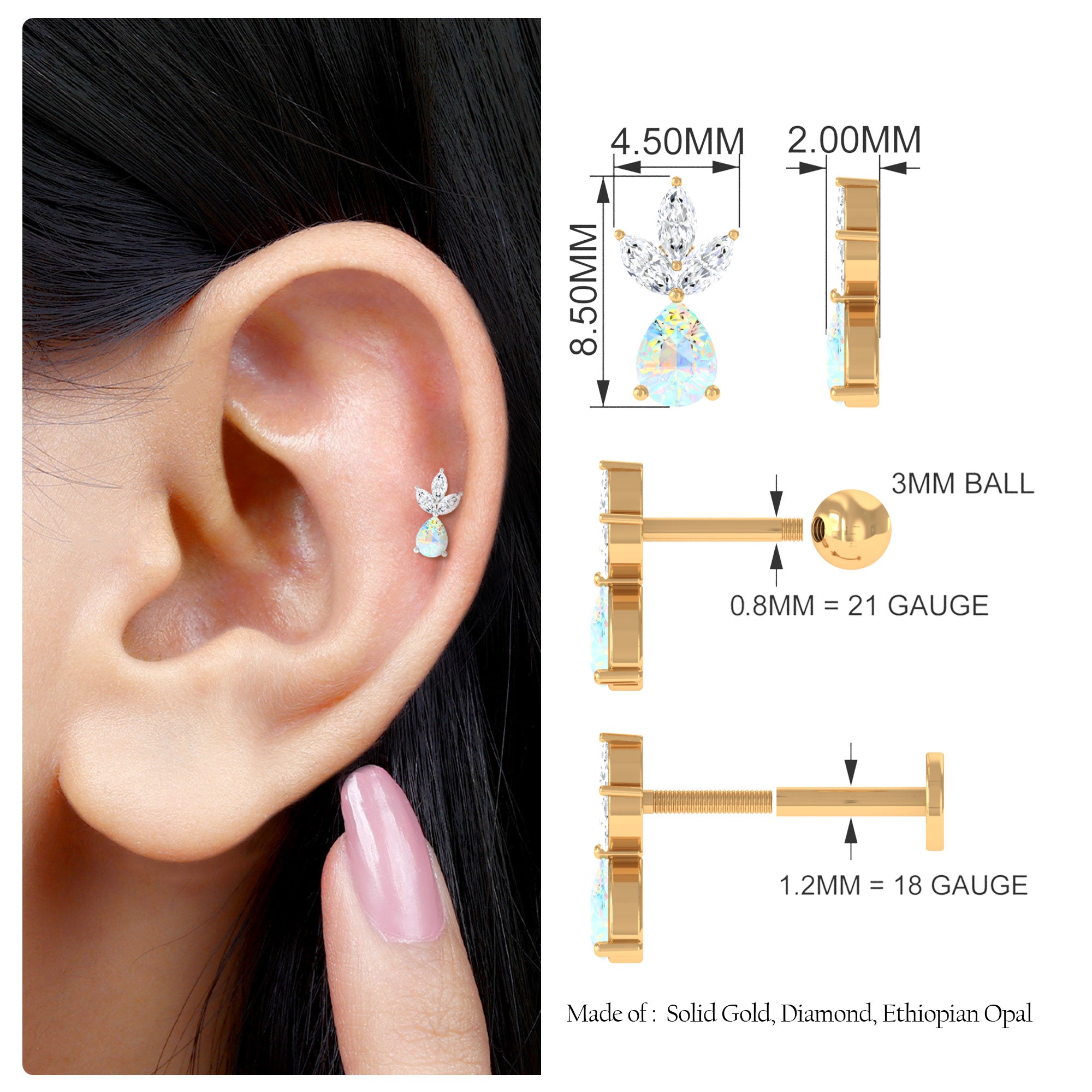 Pear Cut Ethiopian Opal and Moissanite Helix Earring in Gold Ethiopian Opal - ( AAA ) - Quality - Rosec Jewels