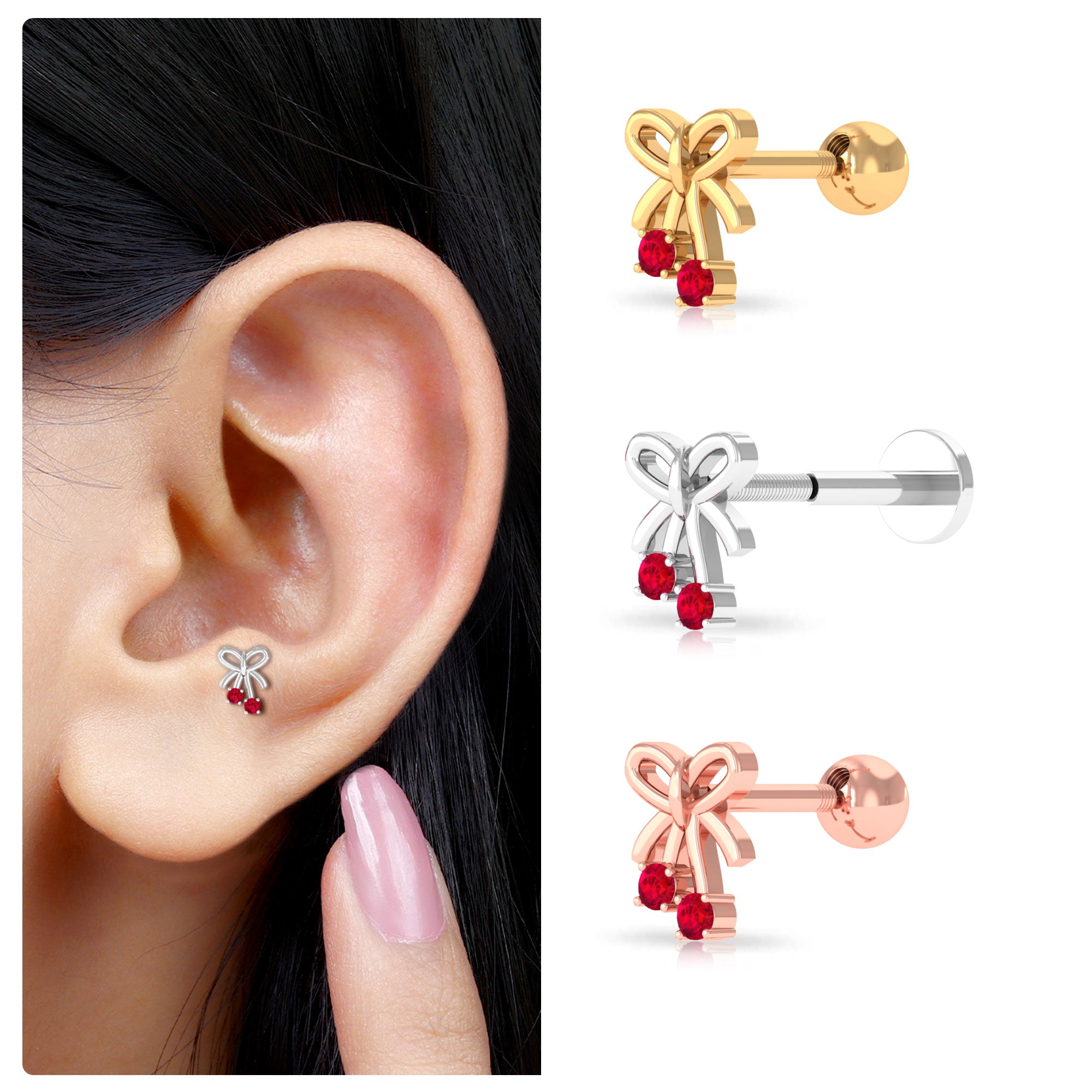 Round Created Ruby Gold Bow Cartilage Earring Lab Created Ruby - ( AAAA ) - Quality - Rosec Jewels