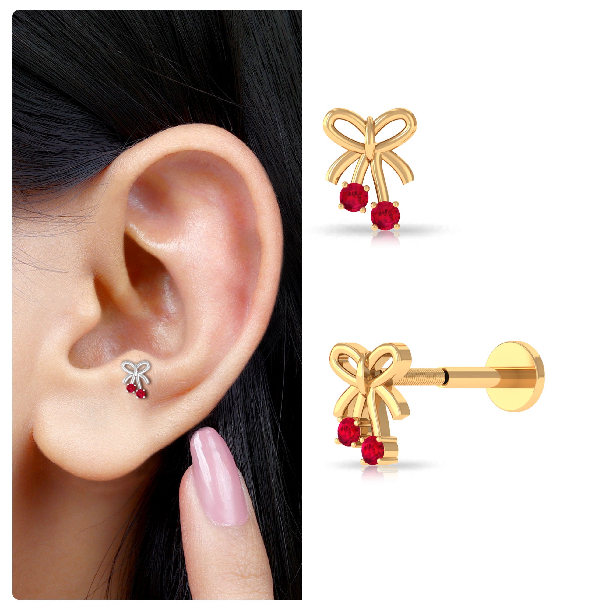 Round Created Ruby Gold Bow Cartilage Earring Lab Created Ruby - ( AAAA ) - Quality - Rosec Jewels