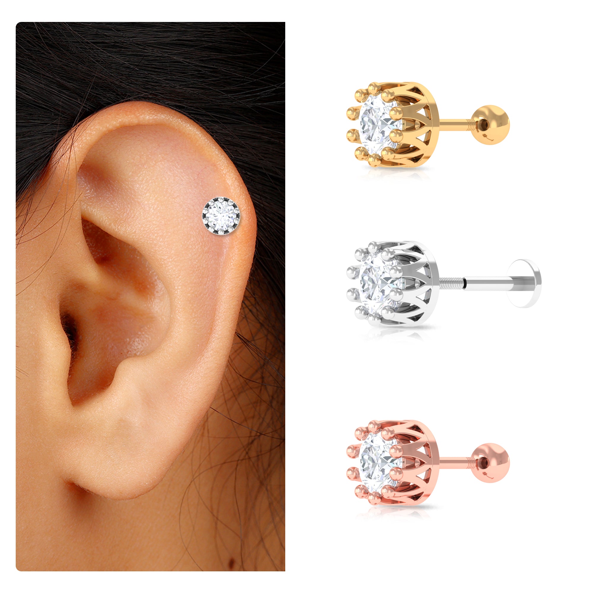 Round Moissanite Crown Earring for Upper Lobe Piercing Moissanite - ( D-VS1 ) - Color and Clarity - Rosec Jewels