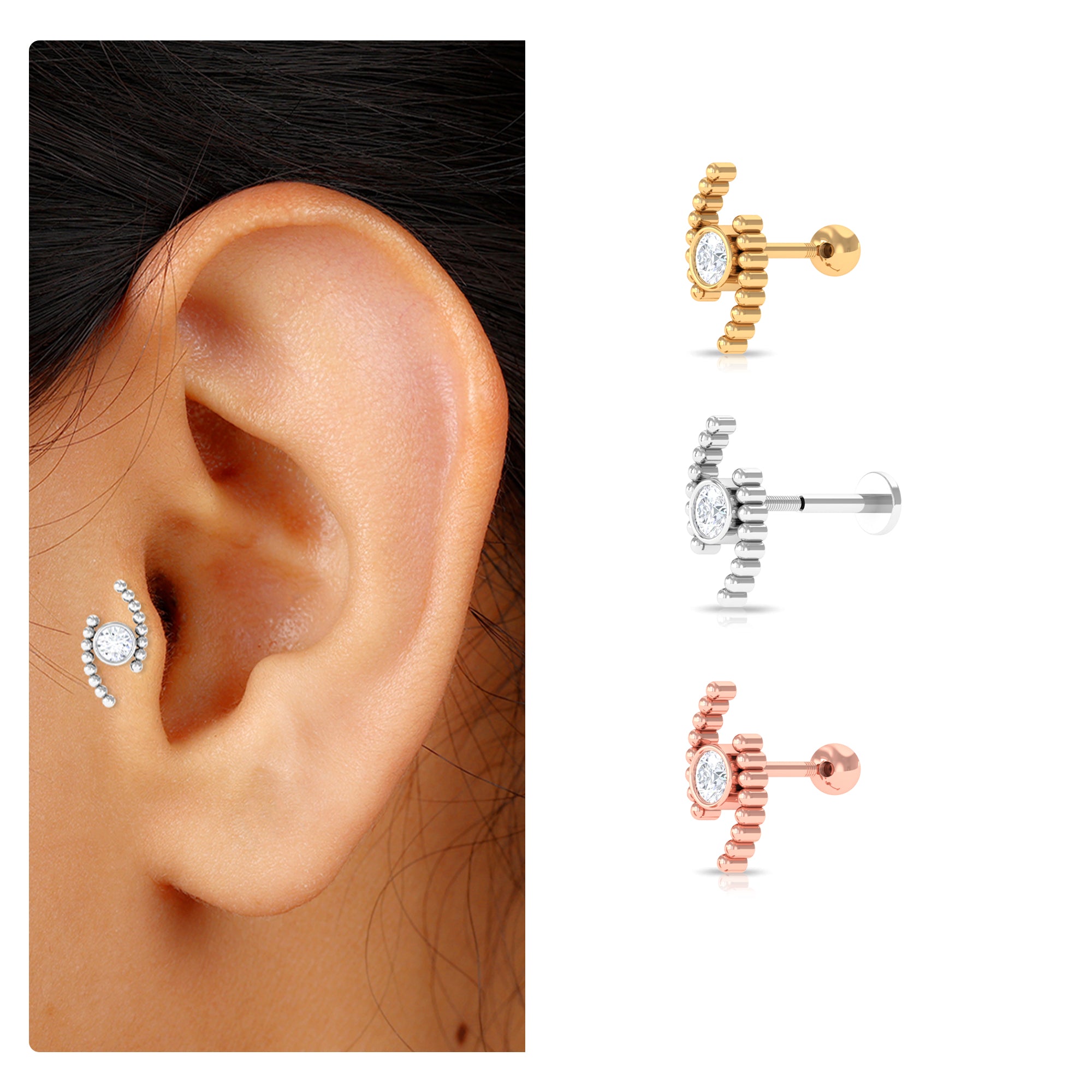 Round Moissanite Cartilage Earring with Gold Beads Moissanite - ( D-VS1 ) - Color and Clarity - Rosec Jewels
