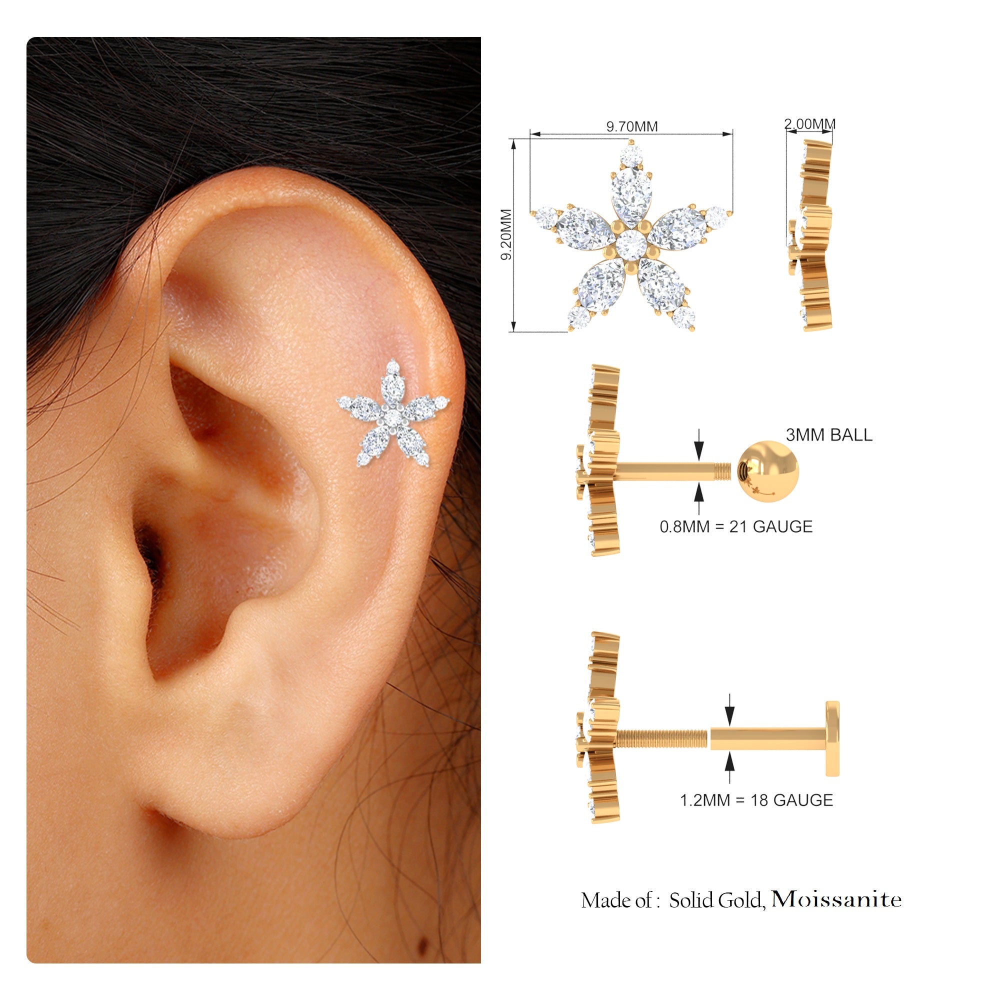 Certified Moissanite Flower Earring for Helix Piercing Moissanite - ( D-VS1 ) - Color and Clarity - Rosec Jewels