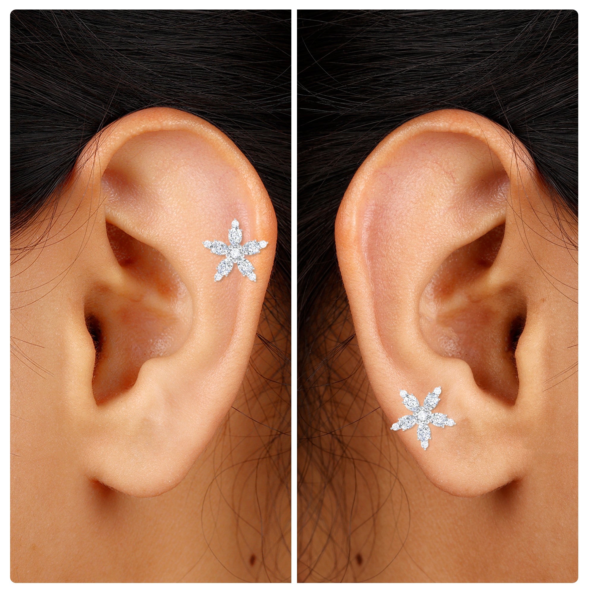 Certified Moissanite Flower Earring for Helix Piercing Moissanite - ( D-VS1 ) - Color and Clarity - Rosec Jewels