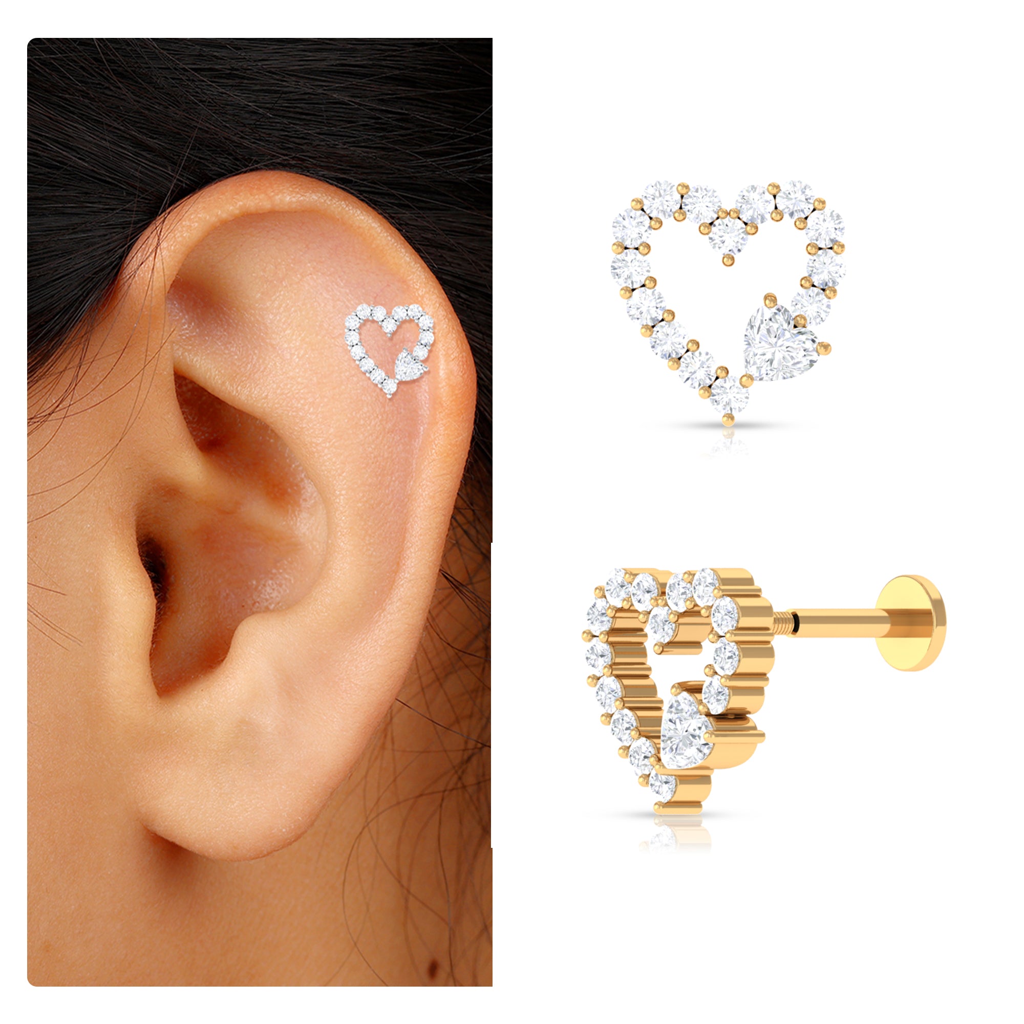Moissanite Open Heart Cartilage Earring Moissanite - ( D-VS1 ) - Color and Clarity - Rosec Jewels