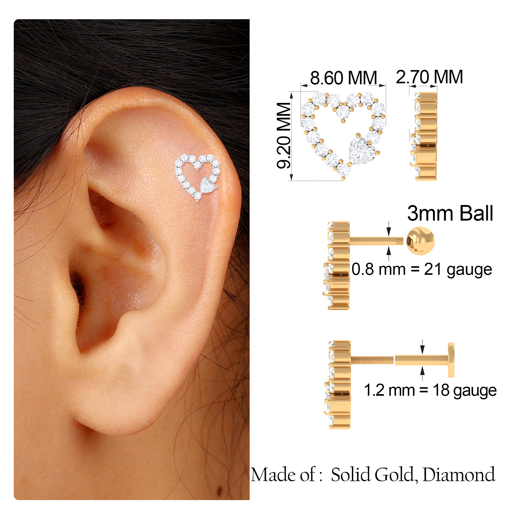 Moissanite Open Heart Cartilage Earring Moissanite - ( D-VS1 ) - Color and Clarity - Rosec Jewels