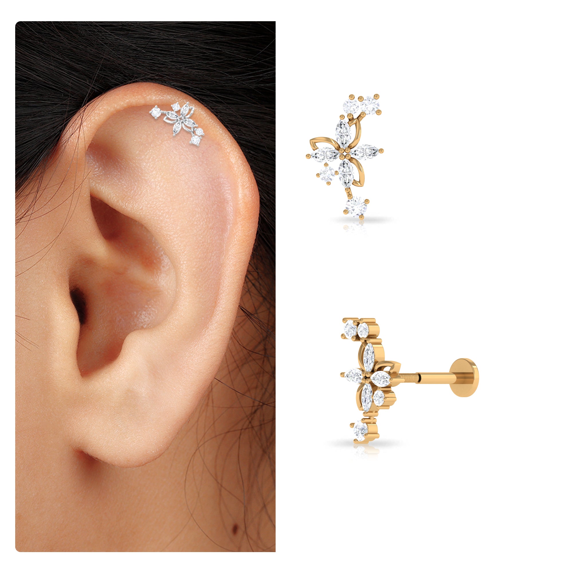 Certified Marquise Moissanite Flower Crawler Earring Moissanite - ( D-VS1 ) - Color and Clarity - Rosec Jewels