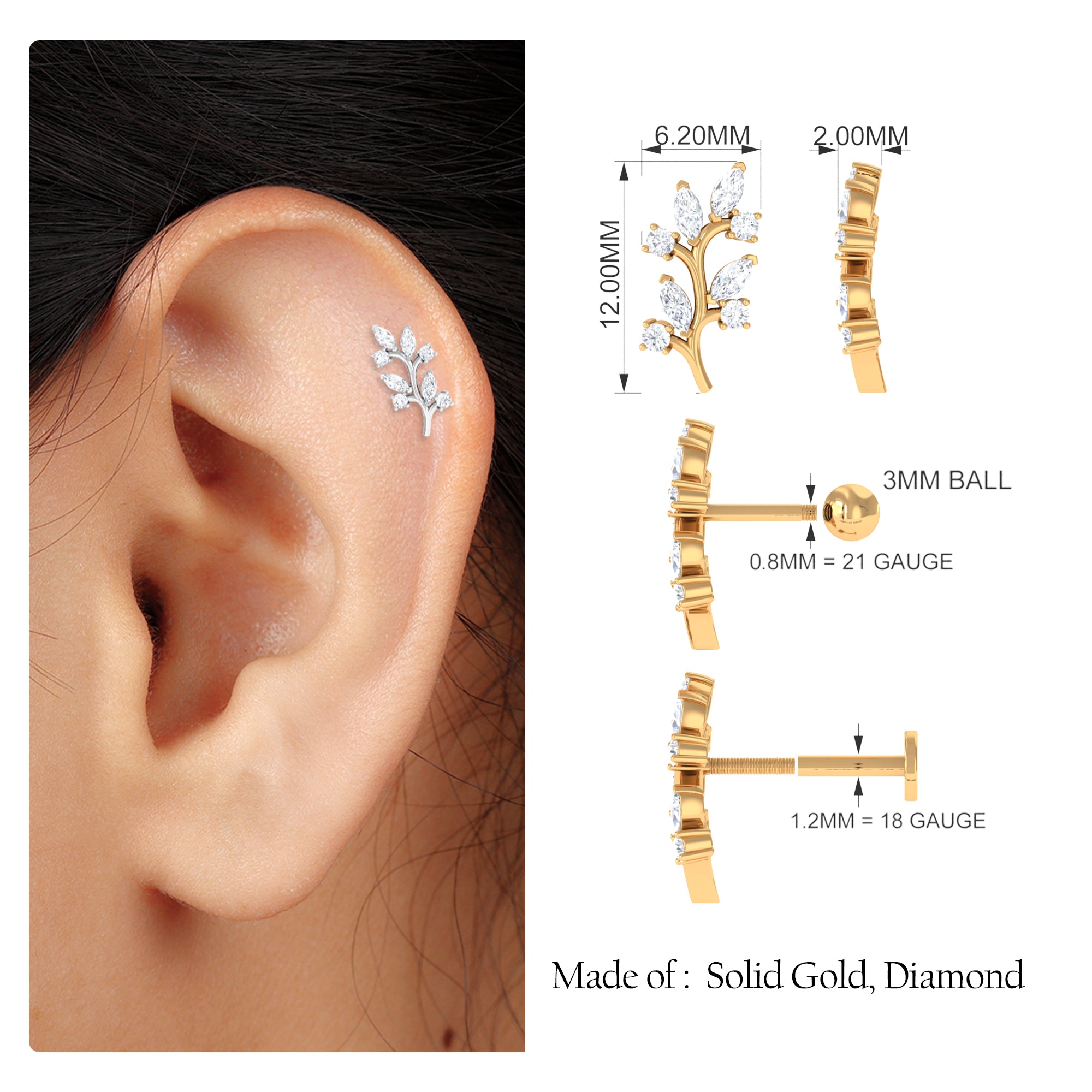 Nature Inspired Moissanite Leaf Cartilage Earring Moissanite - ( D-VS1 ) - Color and Clarity - Rosec Jewels
