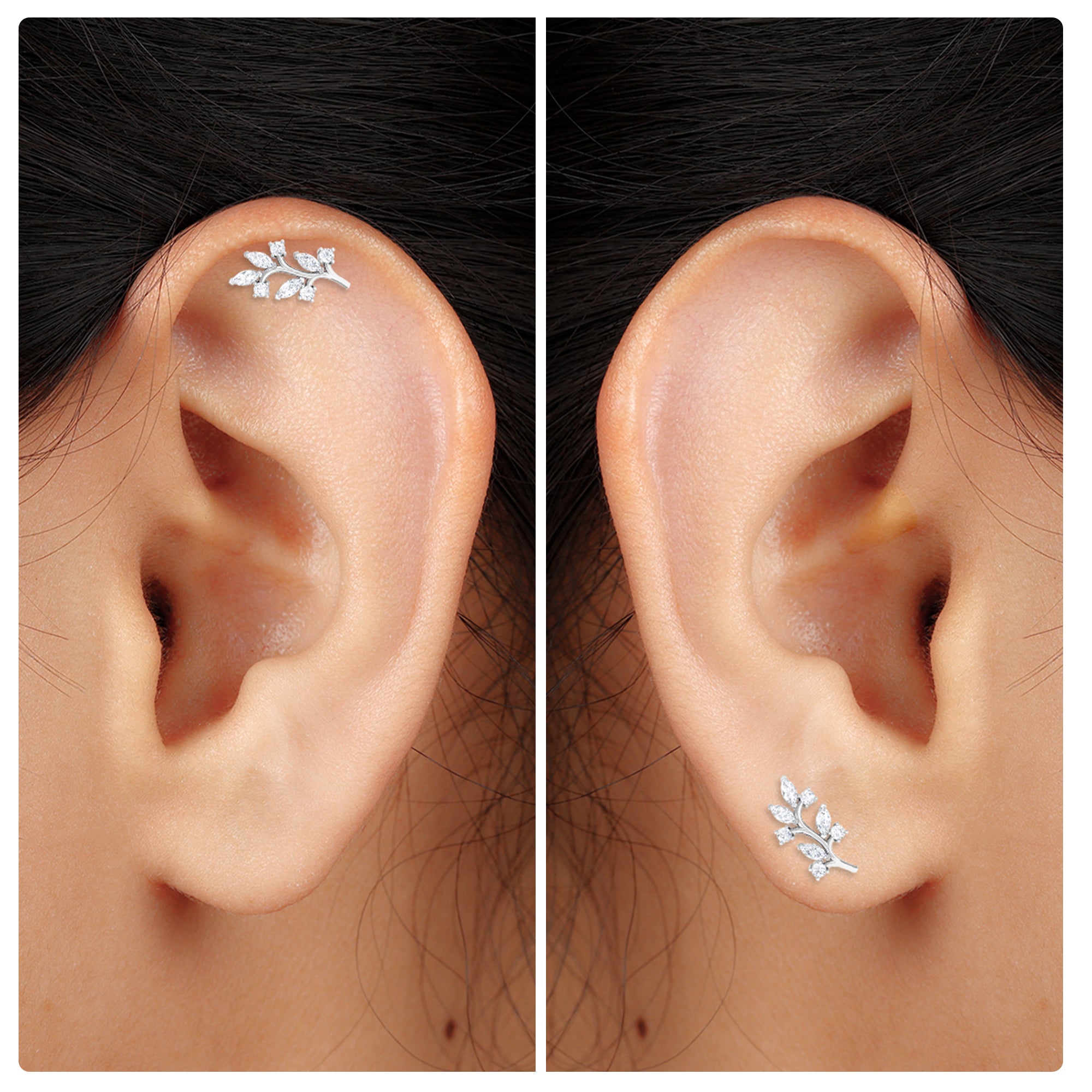 Nature Inspired Moissanite Leaf Cartilage Earring Moissanite - ( D-VS1 ) - Color and Clarity - Rosec Jewels