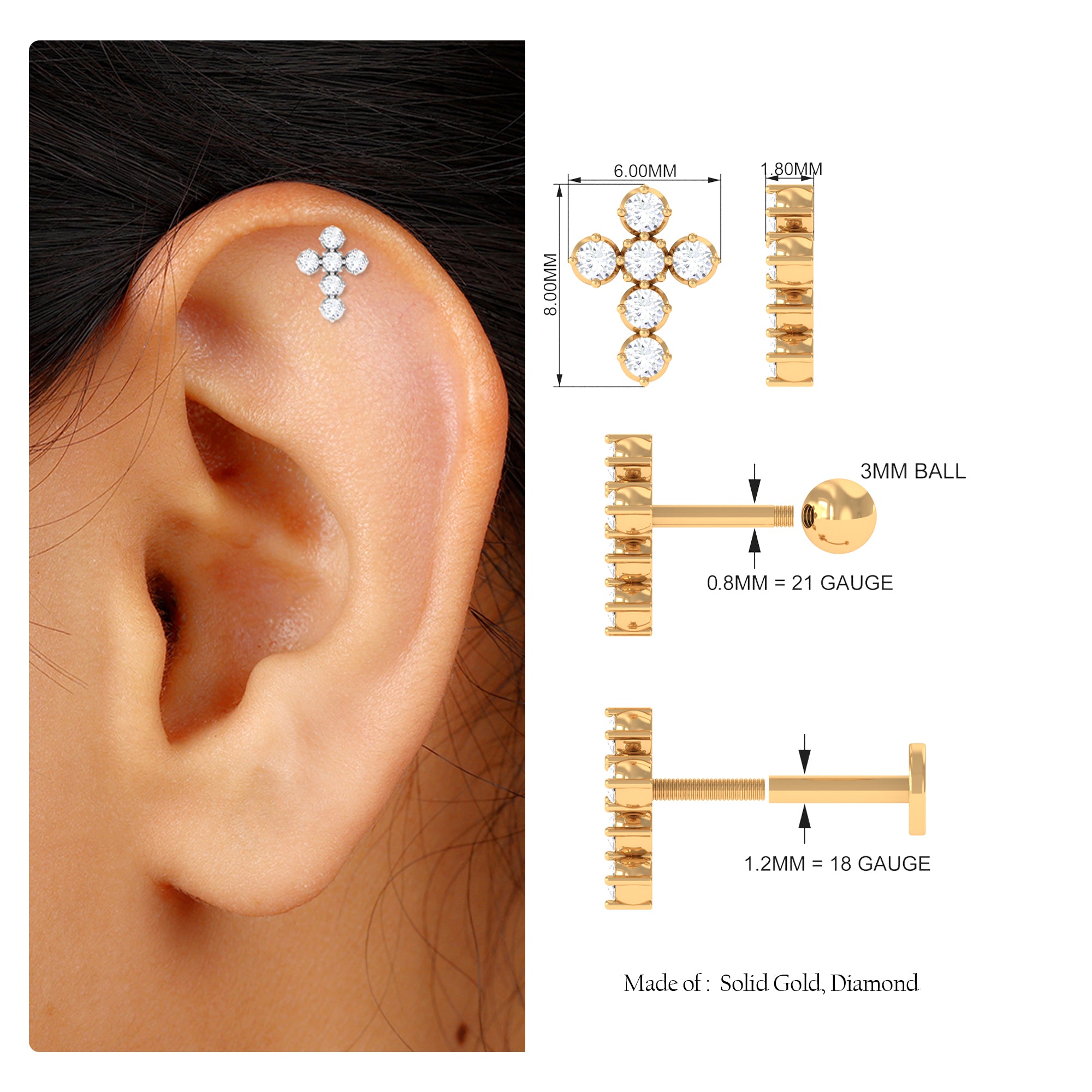 Moissanite Gold Cross Earring for Cartilage Piercing Moissanite - ( D-VS1 ) - Color and Clarity - Rosec Jewels