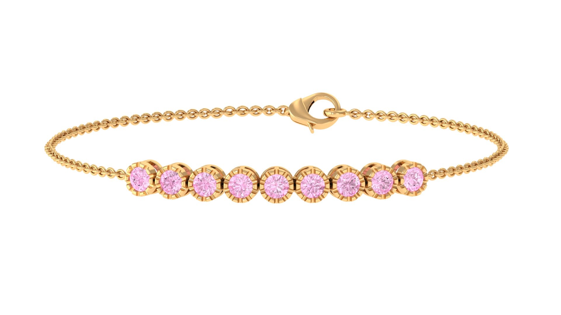 Milgrain Bezel Set Round Pink Sapphire Nine Stone Chain Bracelet Pink Sapphire - ( AAA ) - Quality - Rosec Jewels