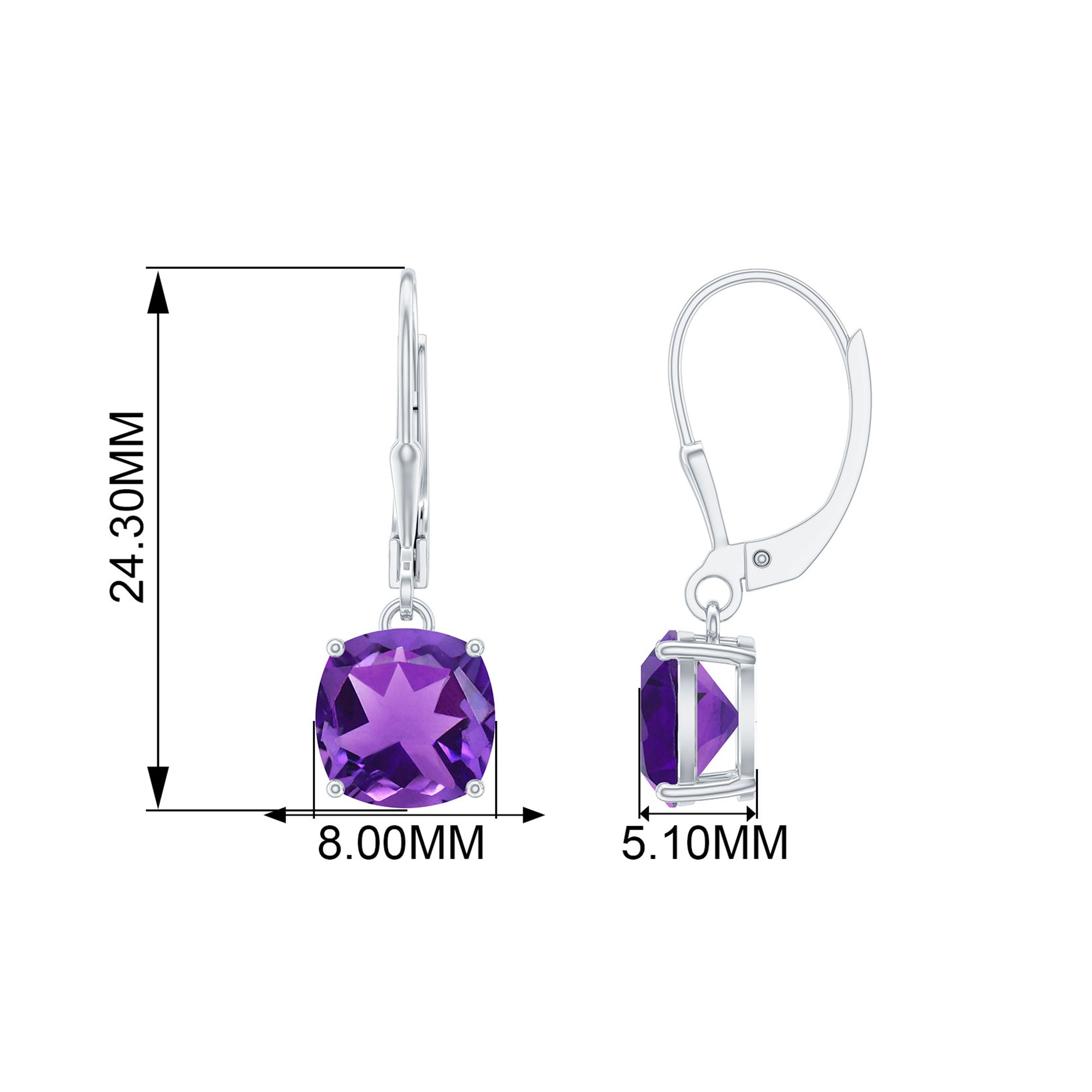 8 MM Cushion Cut Amethyst Solitaire Drop Earrings with Lever Back Amethyst - ( AAA ) - Quality - Rosec Jewels