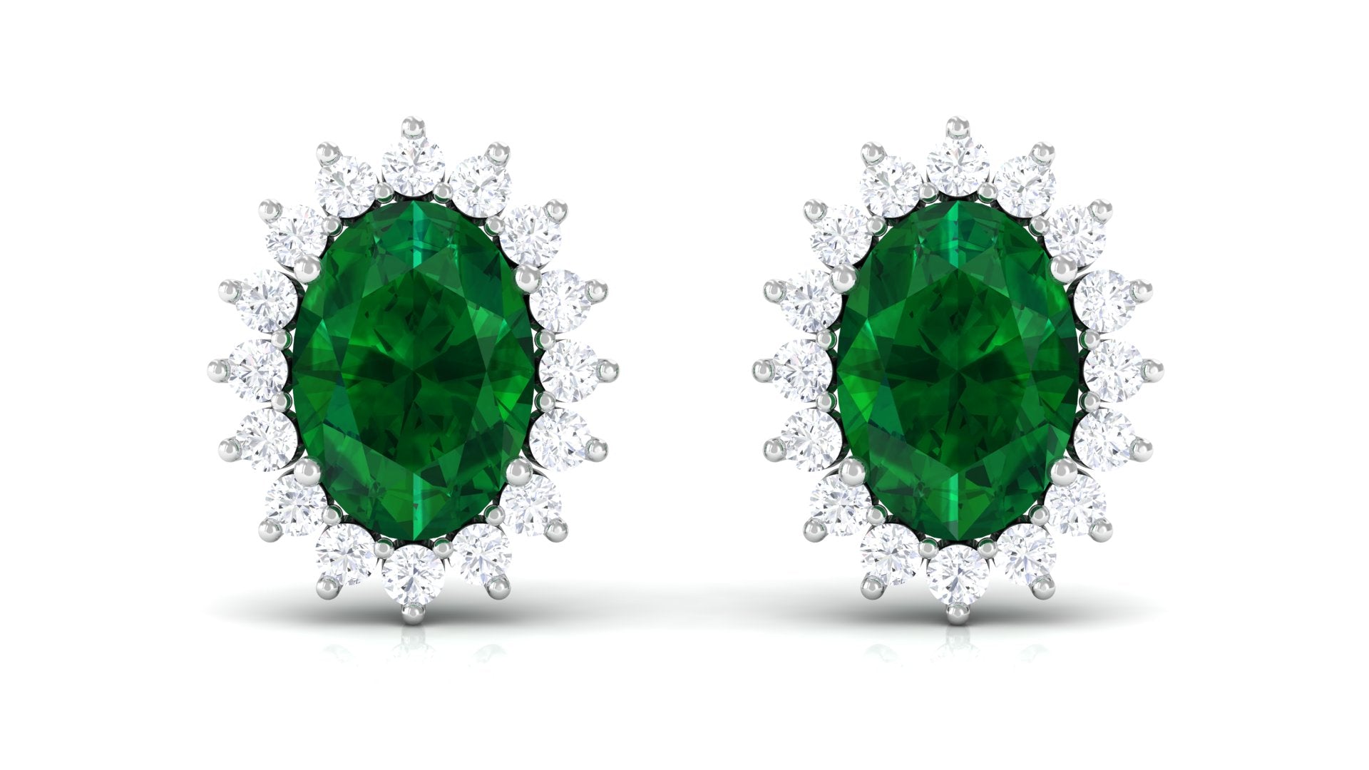 2 CT Oval Cut Created Emerald Statement Stud Earrings with Diamond Halo Lab Created Emerald - ( AAAA ) - Quality - Rosec Jewels