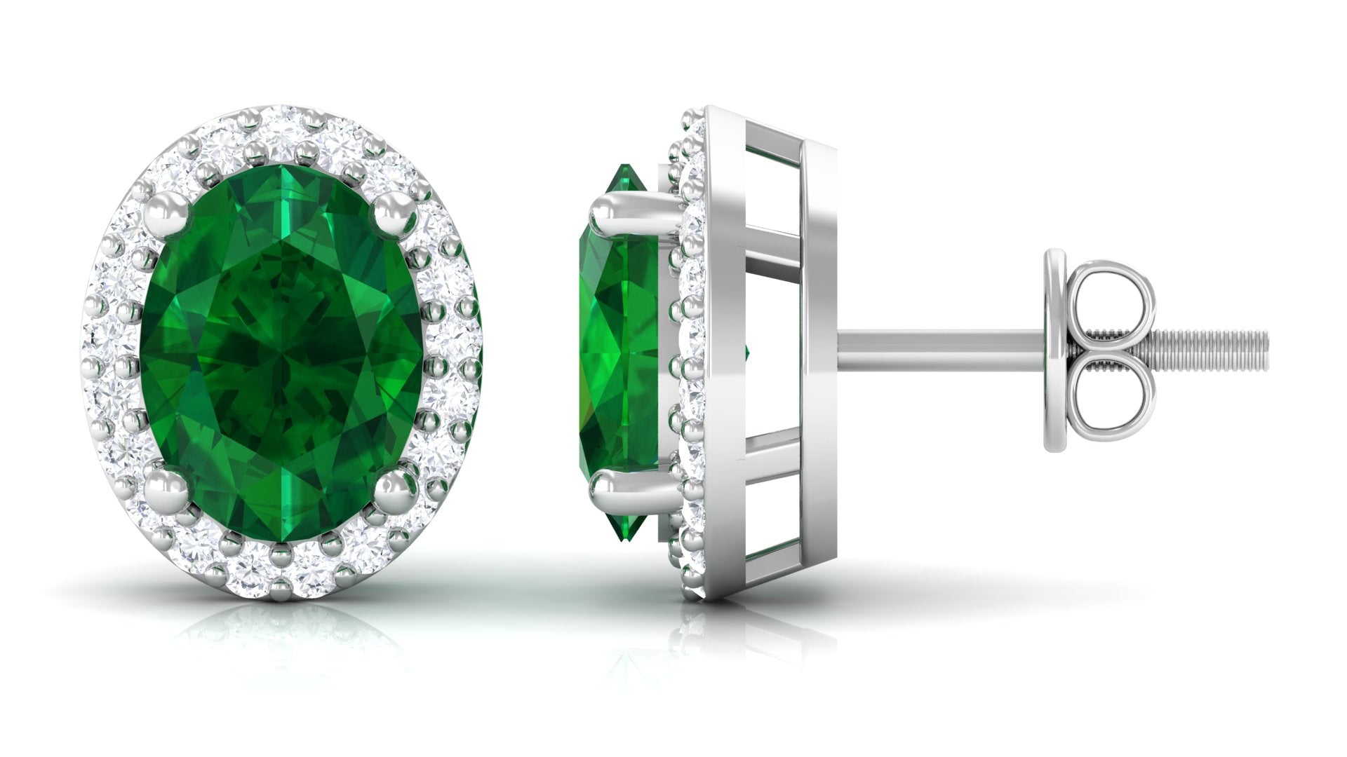 Classic Oval Shaped Lab Grown Emerald and Diamond Halo Stud Earrings Lab Created Emerald - ( AAAA ) - Quality - Rosec Jewels