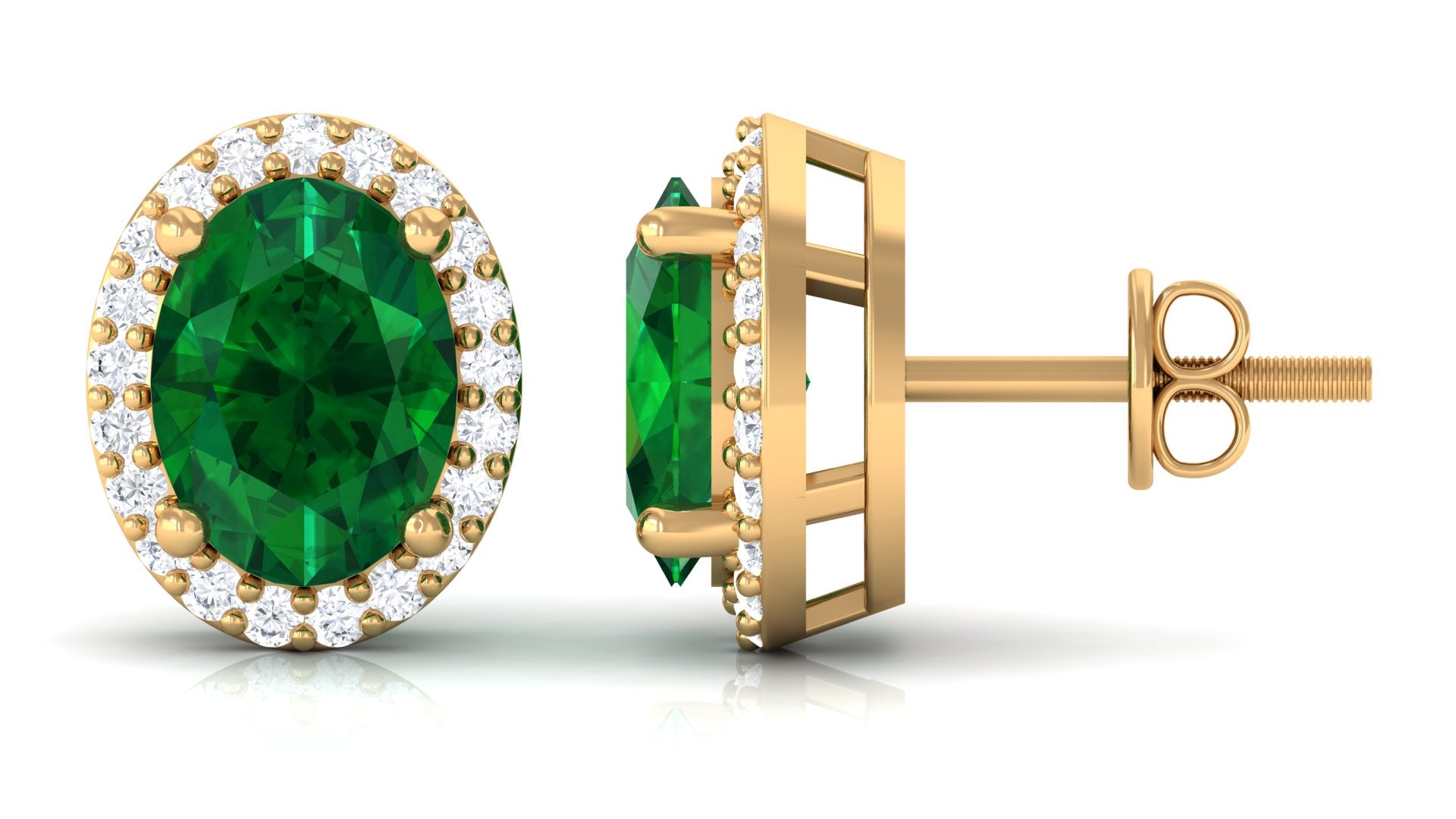 Classic Oval Shaped Lab Grown Emerald and Diamond Halo Stud Earrings Lab Created Emerald - ( AAAA ) - Quality - Rosec Jewels