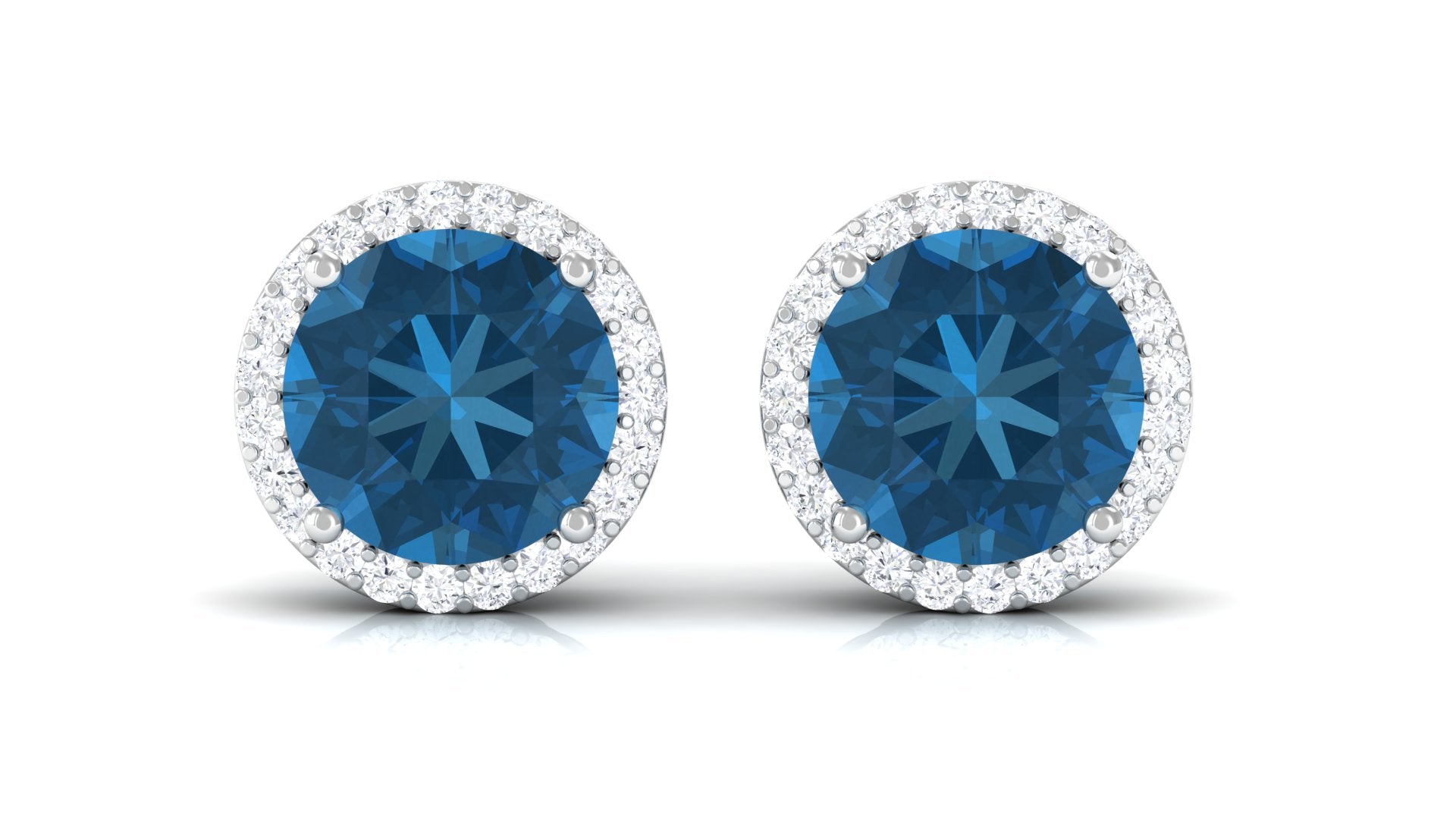 London Blue Topaz Stud Earrings with Diamond Halo London Blue Topaz - ( AAA ) - Quality - Rosec Jewels