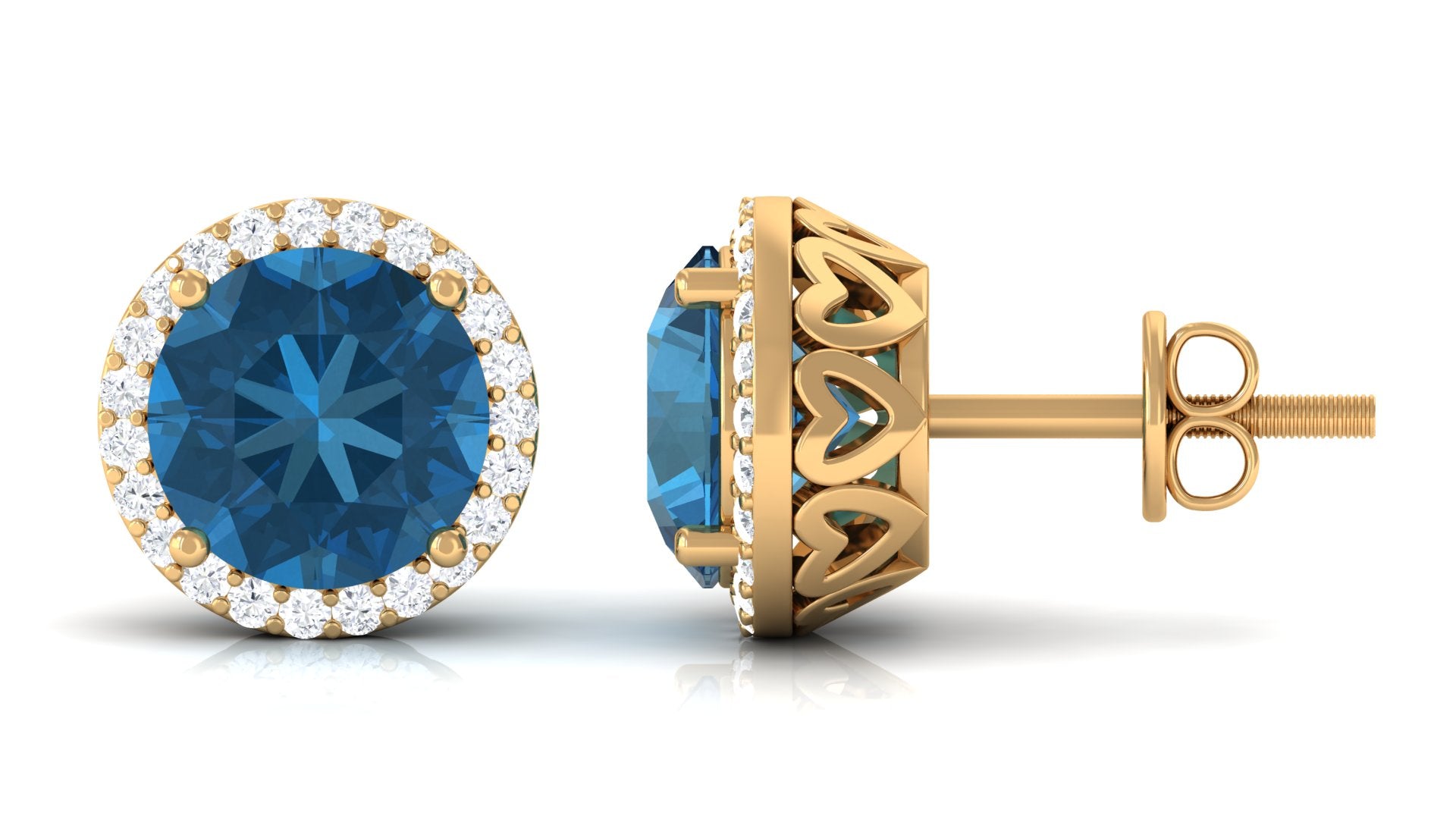 London Blue Topaz Stud Earrings with Diamond Halo London Blue Topaz - ( AAA ) - Quality - Rosec Jewels