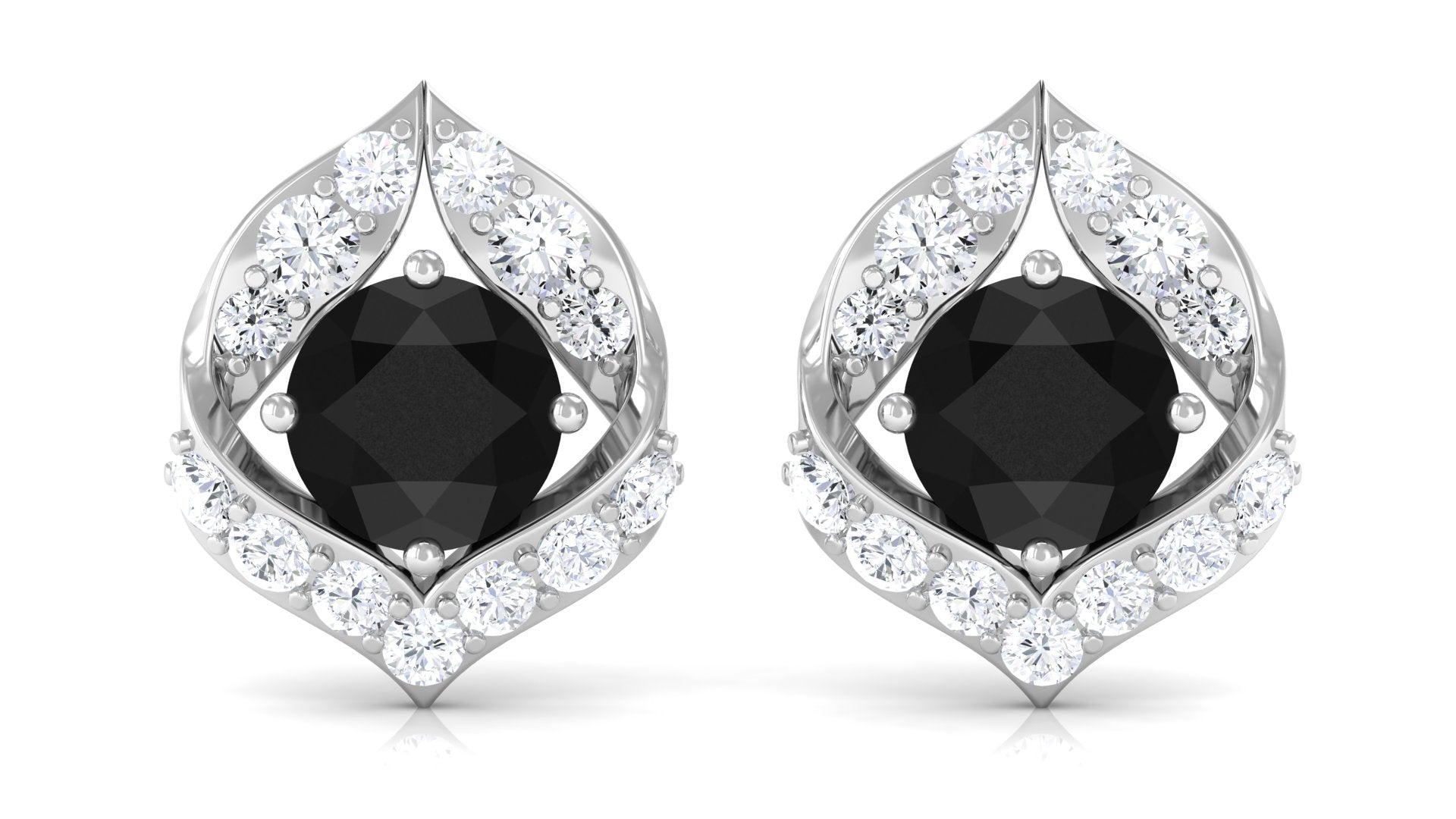 Dainty Black Onyx Stud Earrings with Diamond Black Onyx - ( AAA ) - Quality - Rosec Jewels