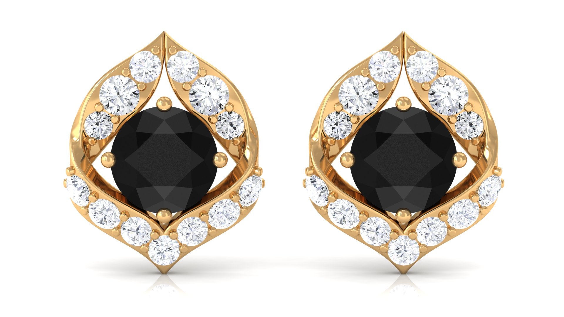 Dainty Black Onyx Stud Earrings with Diamond Black Onyx - ( AAA ) - Quality - Rosec Jewels