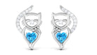 Real Swiss Blue Topaz Cat Earrings with Diamond Swiss Blue Topaz - ( AAA ) - Quality - Rosec Jewels