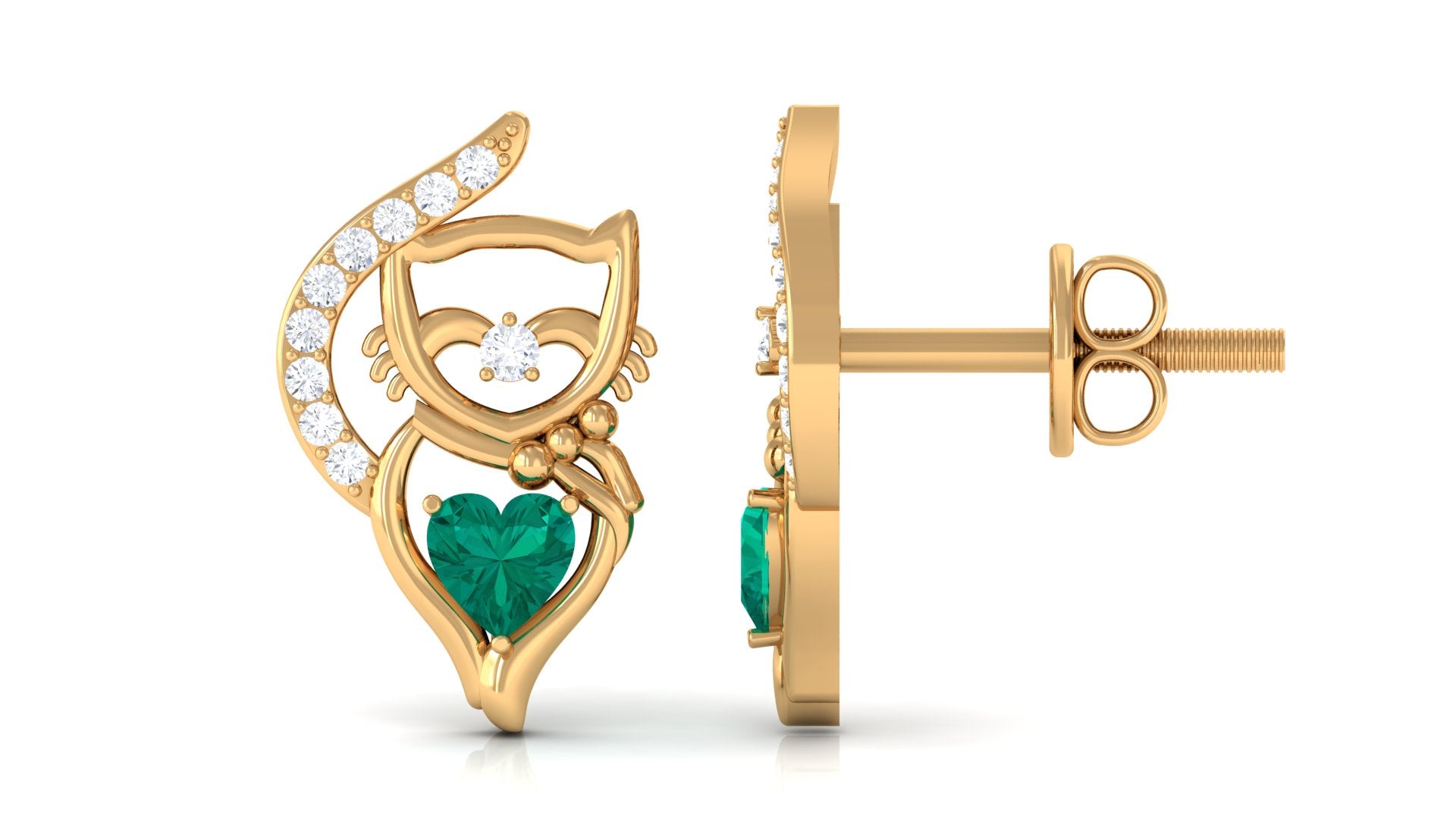 Cute Cat Stud Earrings with Emerald and Diamond Emerald - ( AAA ) - Quality - Rosec Jewels