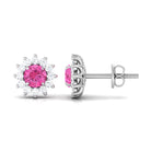 1.25 CT Pink Sapphire Flower Stud Earrings with Diamond Halo Pink Sapphire - ( AAA ) - Quality - Rosec Jewels