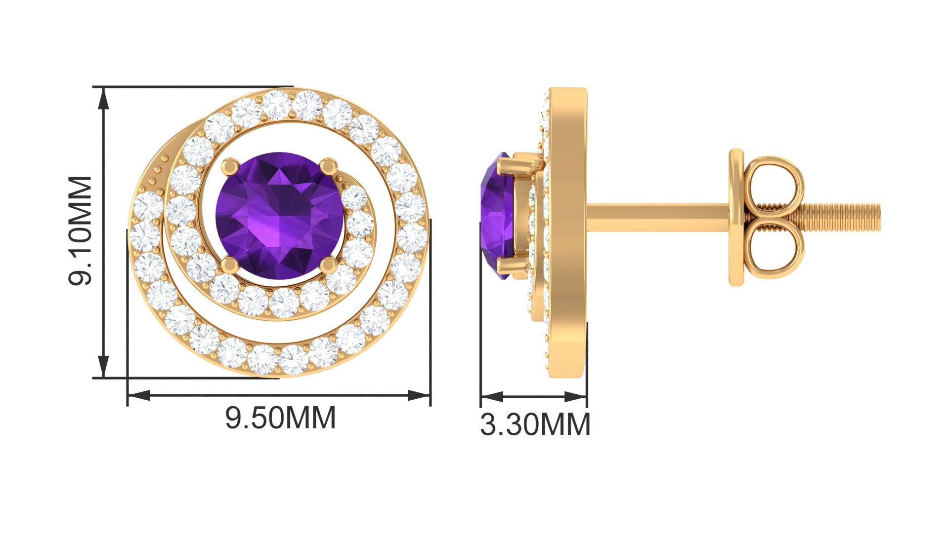 Round Amethyst and Diamond Contemporary Swirl Stud Earrings Amethyst - ( AAA ) - Quality - Rosec Jewels