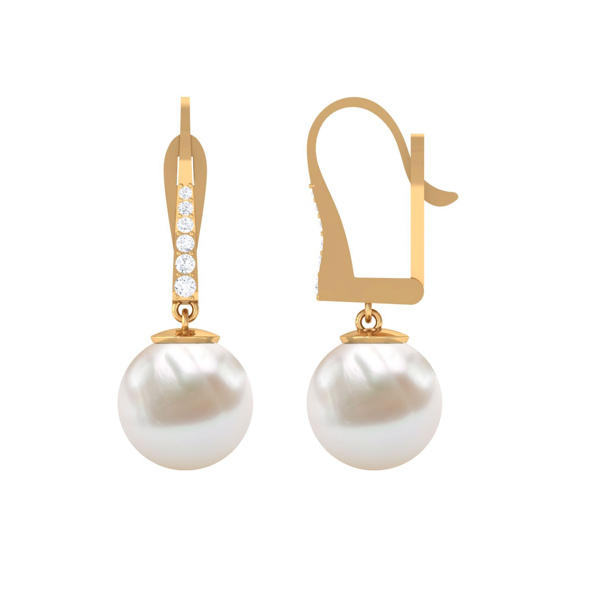 Simple Freshwater Pearl and Diamond Drop Earrings with Lever Back Freshwater Pearl - ( AAA ) - Quality - Rosec Jewels