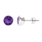 Round Amethyst Solitaire Stud Earrings in Bezel Setting Amethyst - ( AAA ) - Quality - Rosec Jewels