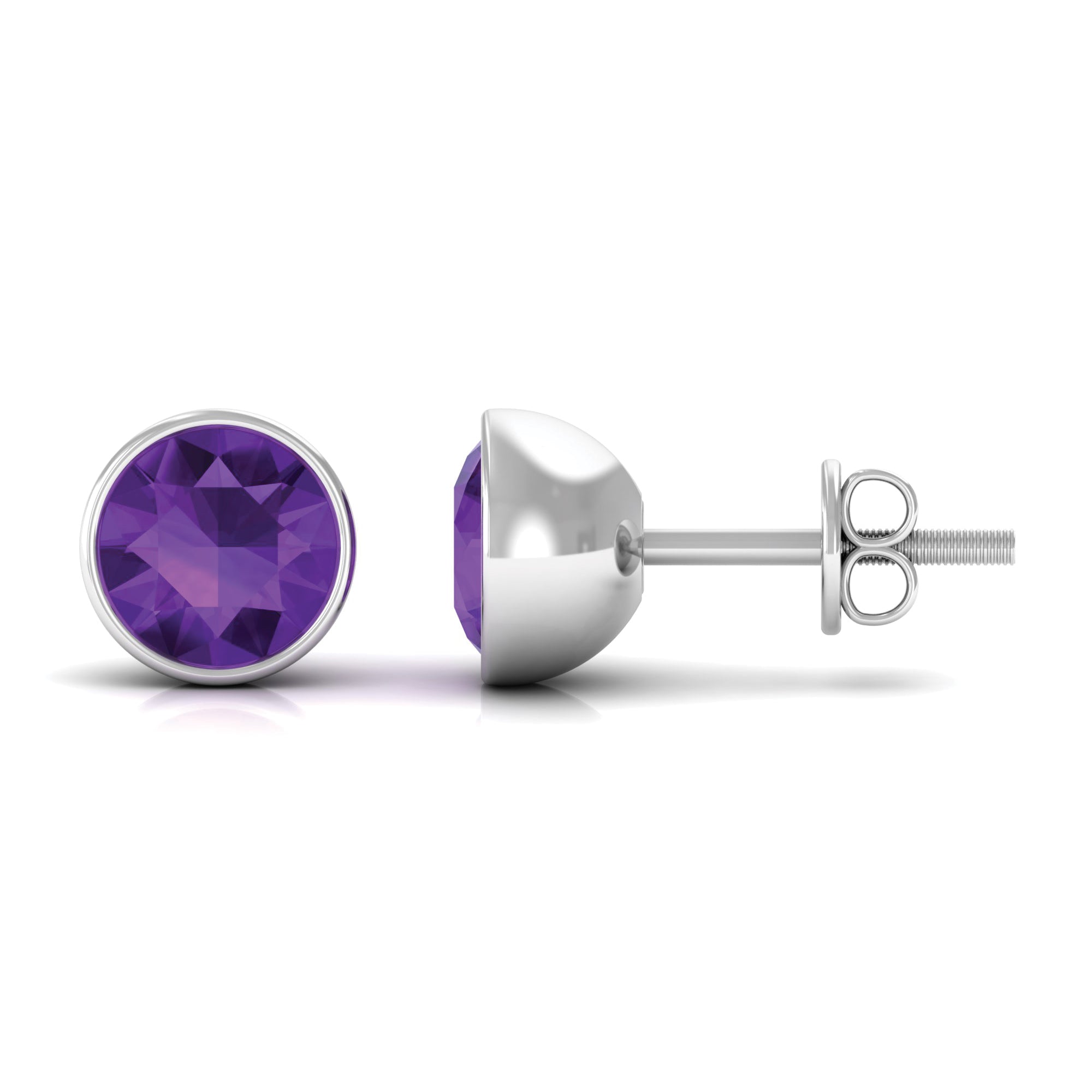 Round Amethyst Solitaire Stud Earrings in Bezel Setting Amethyst - ( AAA ) - Quality - Rosec Jewels