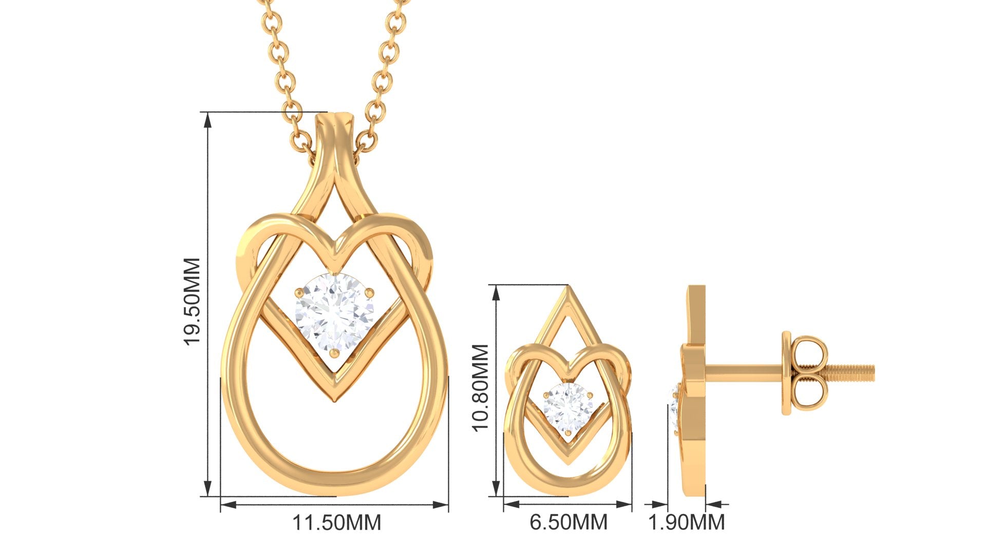 Round Zircon Gold Teardrop Heart Pendant and Earrings Set Zircon - ( AAAA ) - Quality - Rosec Jewels