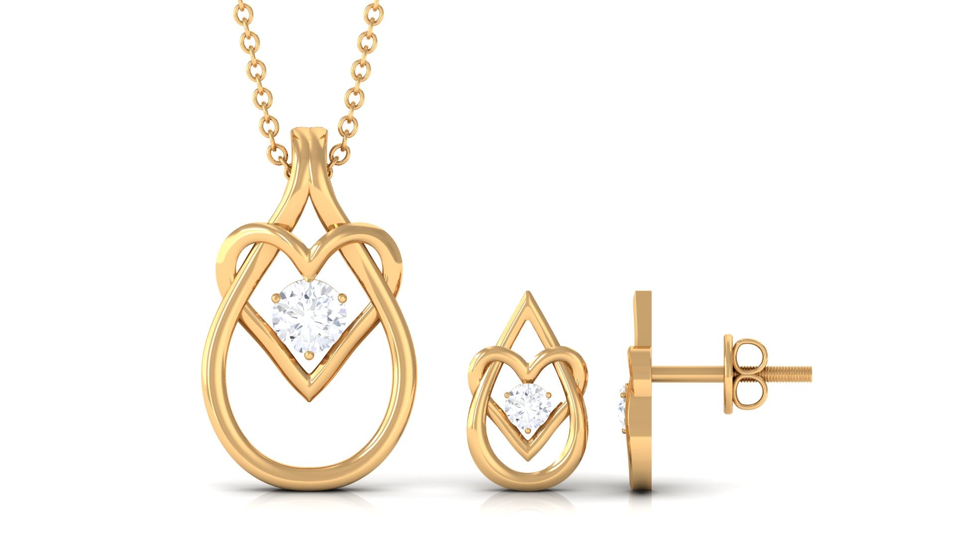 Round Zircon Gold Teardrop Heart Pendant and Earrings Set Zircon - ( AAAA ) - Quality - Rosec Jewels