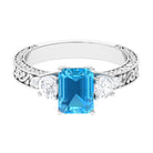 6X8 MM Octagon Cut Swiss Blue Topaz with Moissanite Three Stone Ring Swiss Blue Topaz - ( AAA ) - Quality - Rosec Jewels