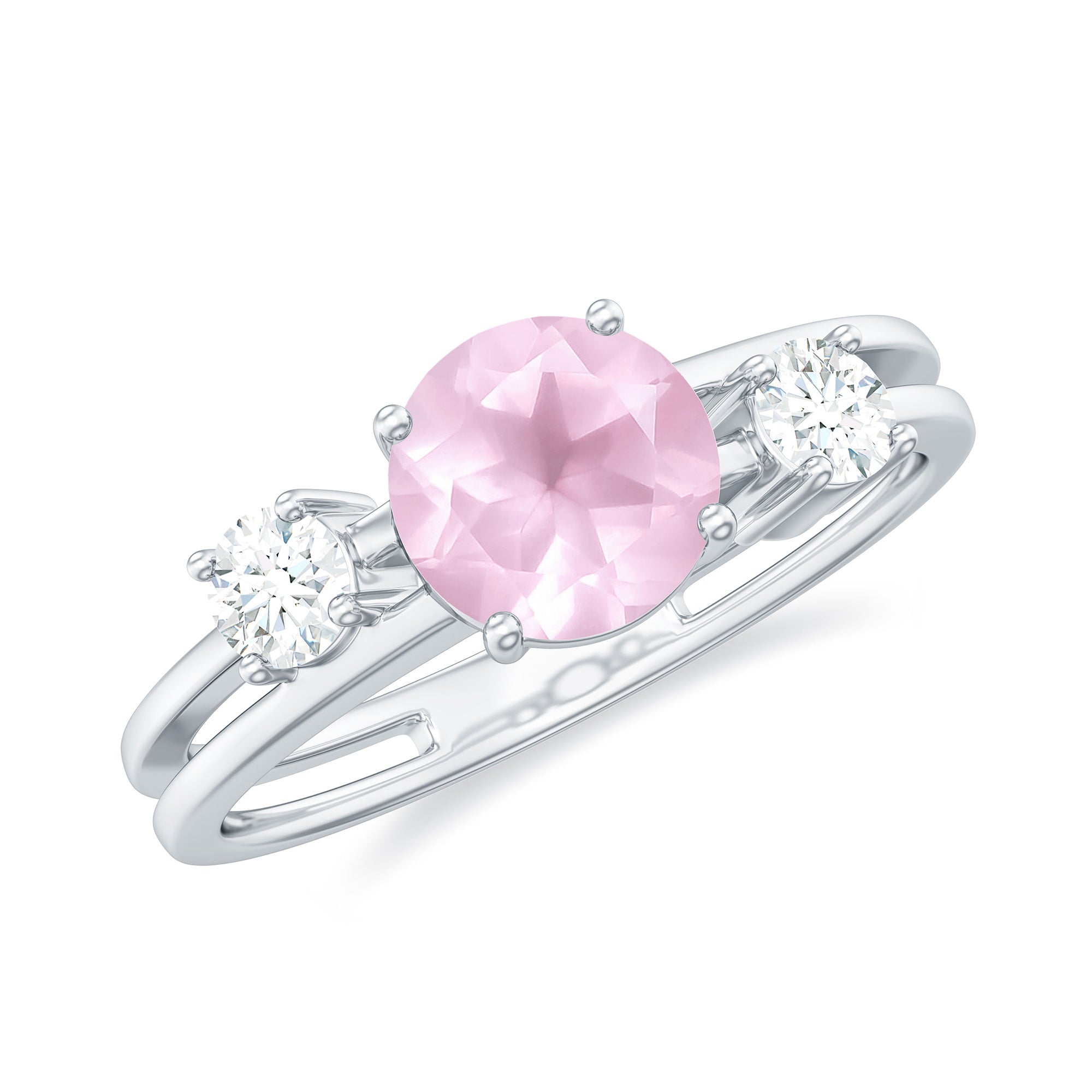 Rose Quartz Solitaire Double Band Ring with Diamond Stones Rosec Jewels