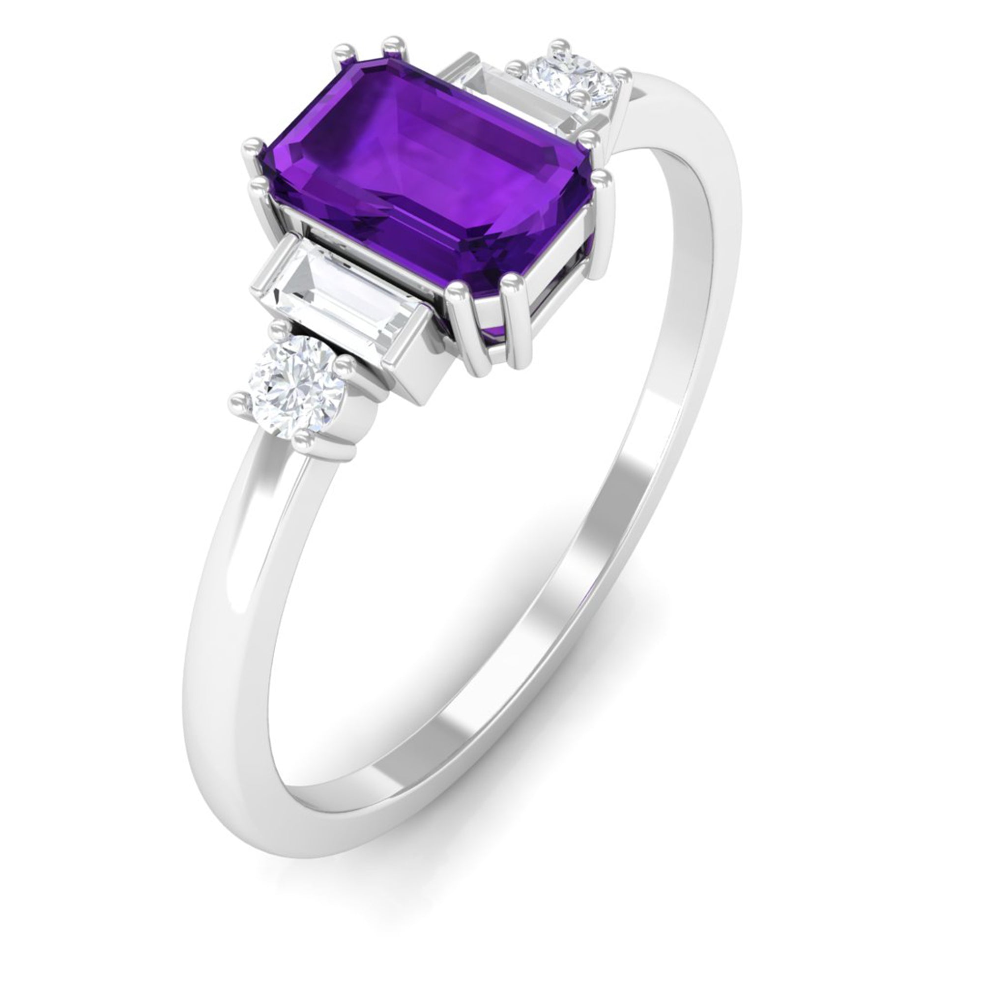 Octagon Amethyst Solitaire Engagement Ring with Diamond Amethyst - ( AAA ) - Quality - Rosec Jewels