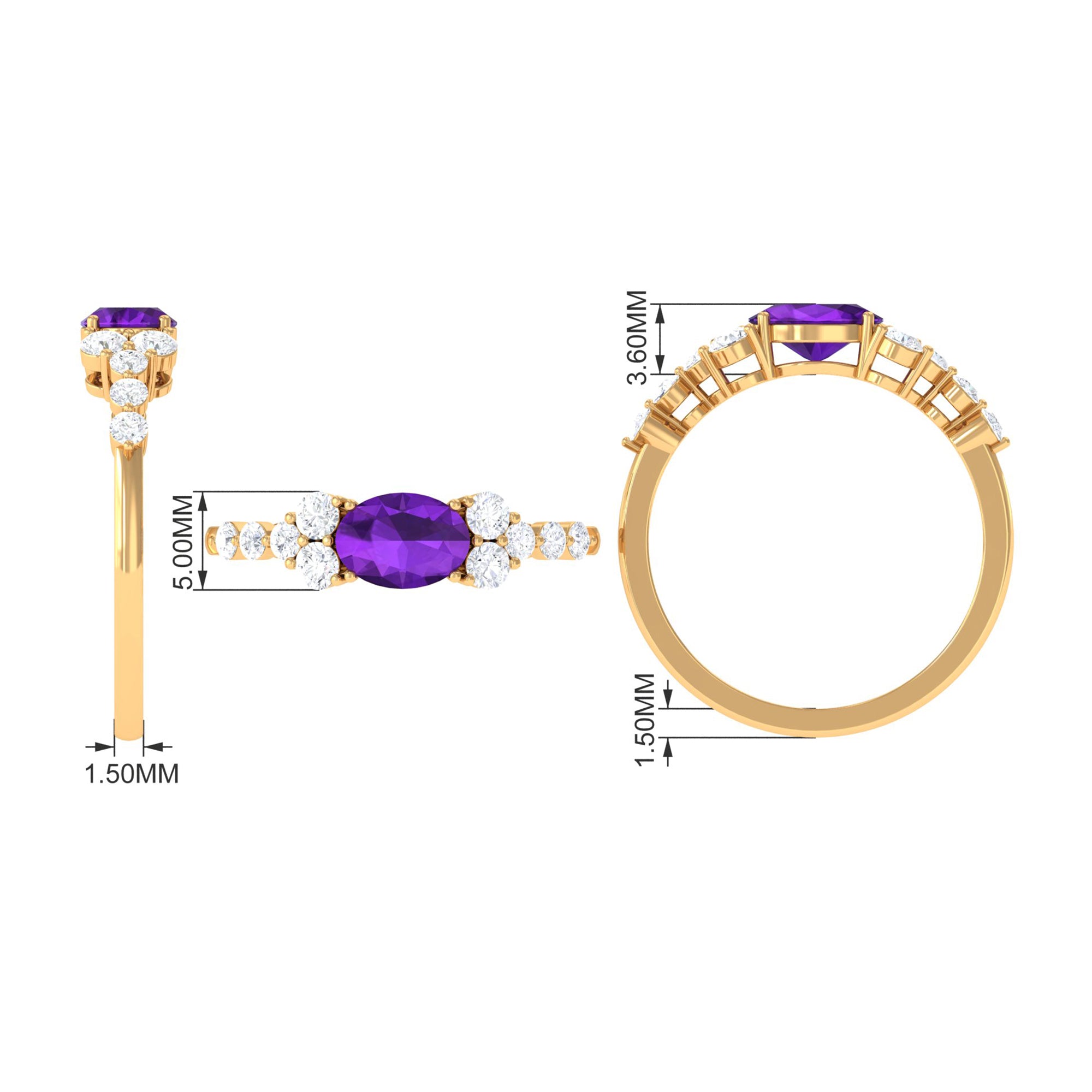 Oval Amethyst East West Ring with Diamond Side Stones Amethyst - ( AAA ) - Quality - Rosec Jewels