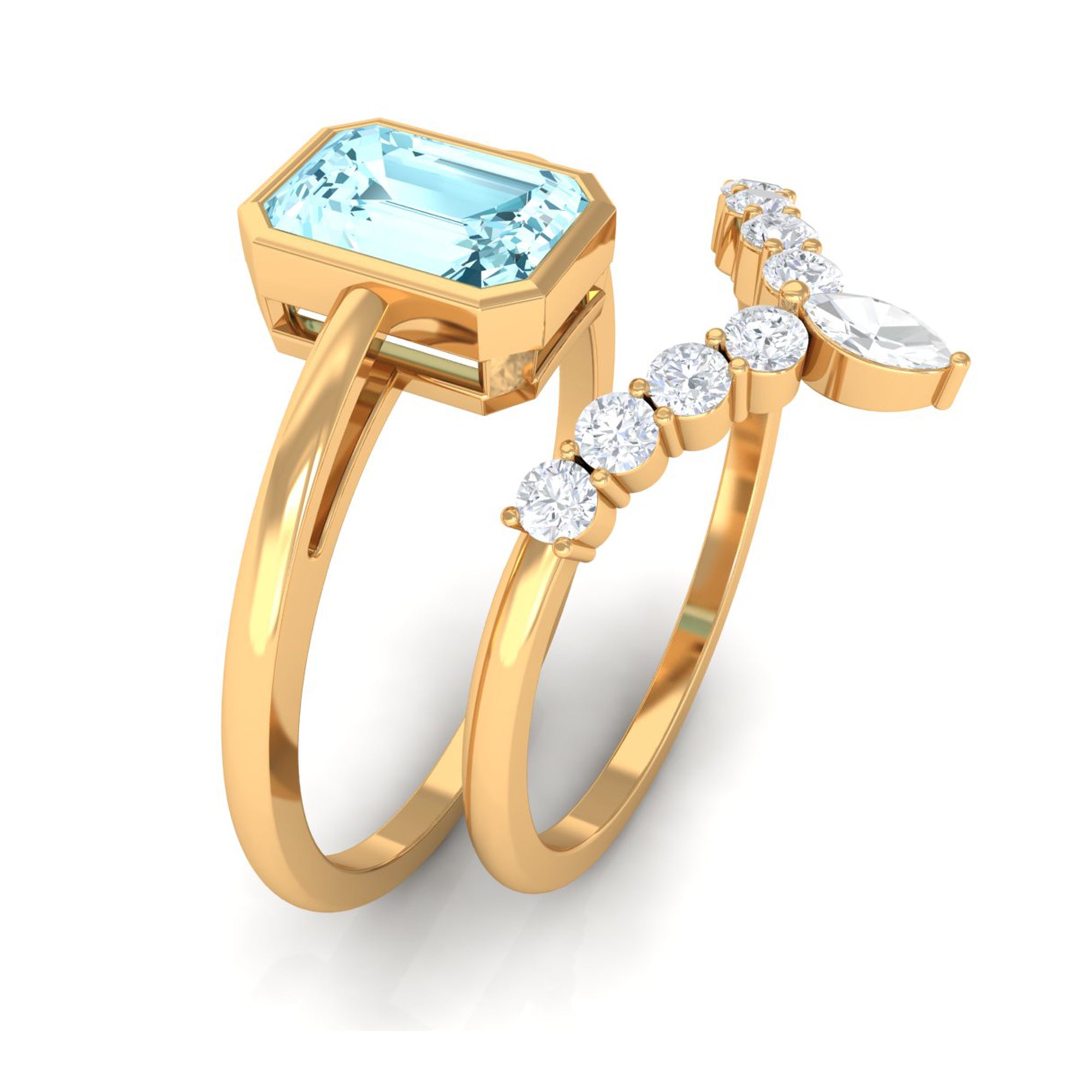 Natural Aquamarine Solitaire Ring Set with Diamond Aquamarine - ( AAA ) - Quality - Rosec Jewels