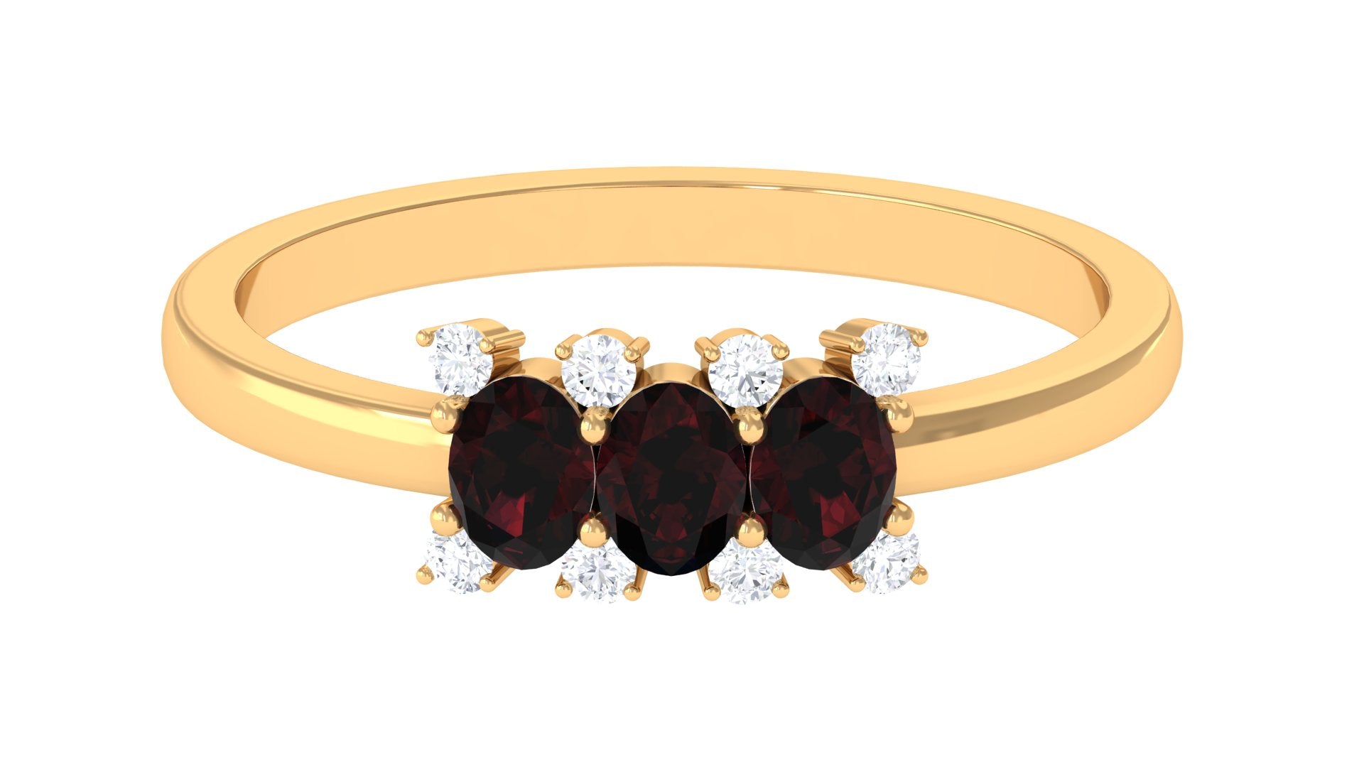 Oval Garnet Three Stone Promise Ring with Diamond Garnet - ( AAA ) - Quality - Rosec Jewels