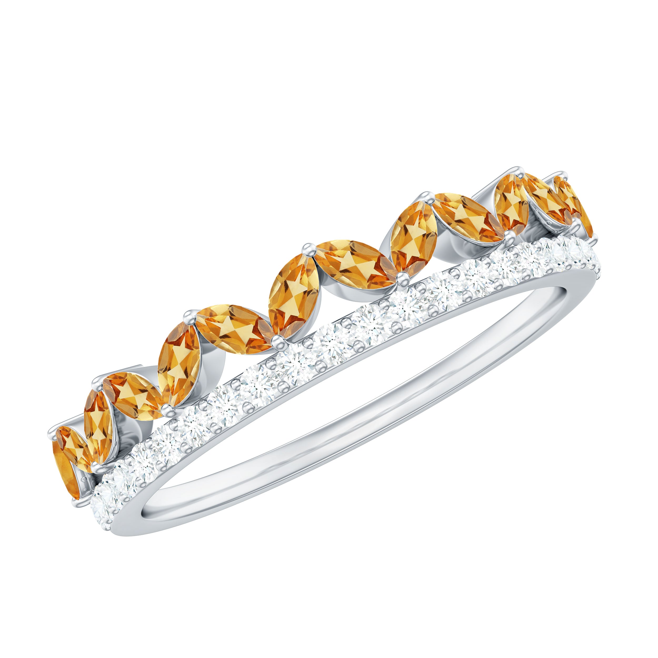 Citrine and Diamond Crown Style Half Eternity Ring Citrine AAA Quality 92.5 Sterling Silver