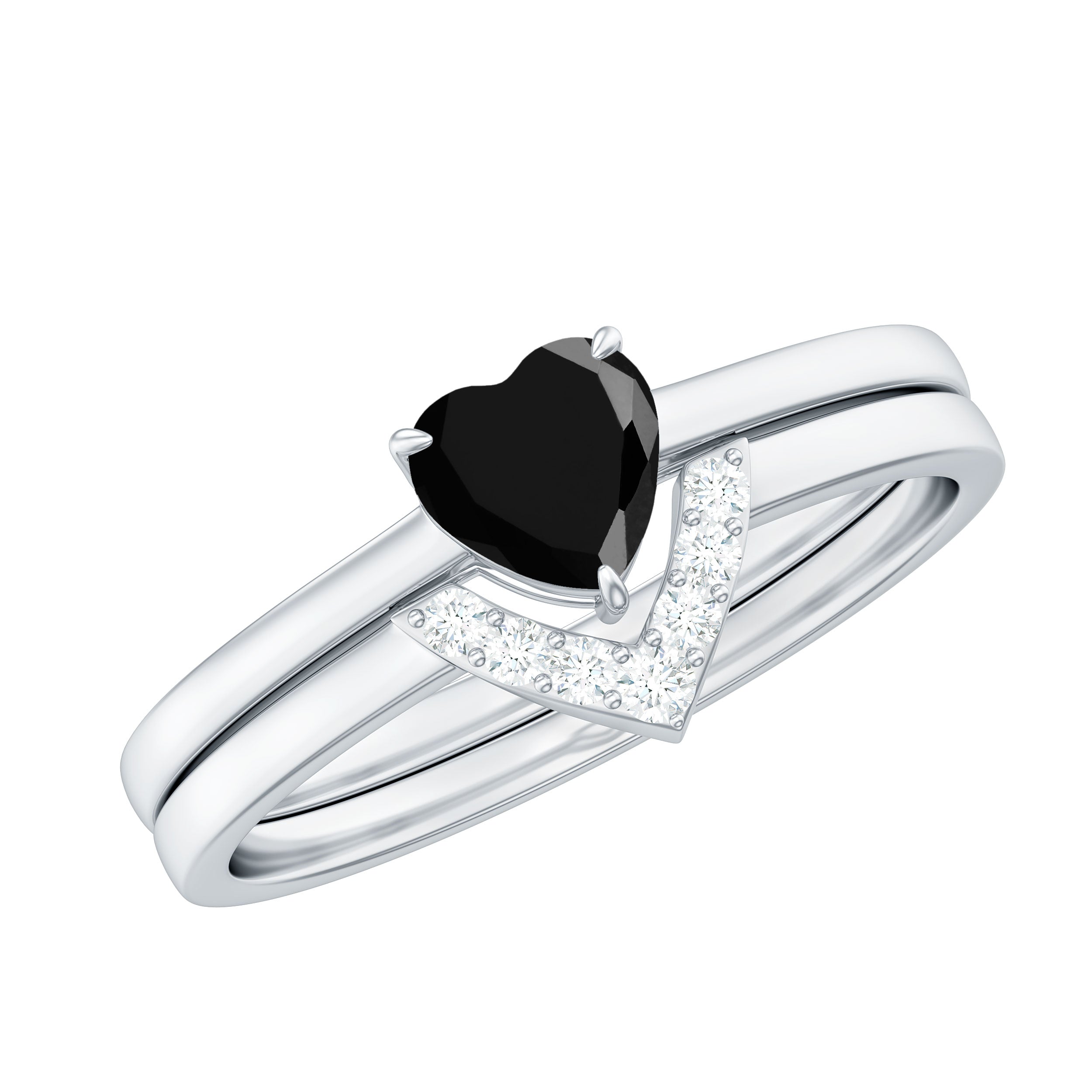 Heart Shape Black Spinel Ring Set with Diamond Black Spinel - ( AAA ) - Quality - Rosec Jewels