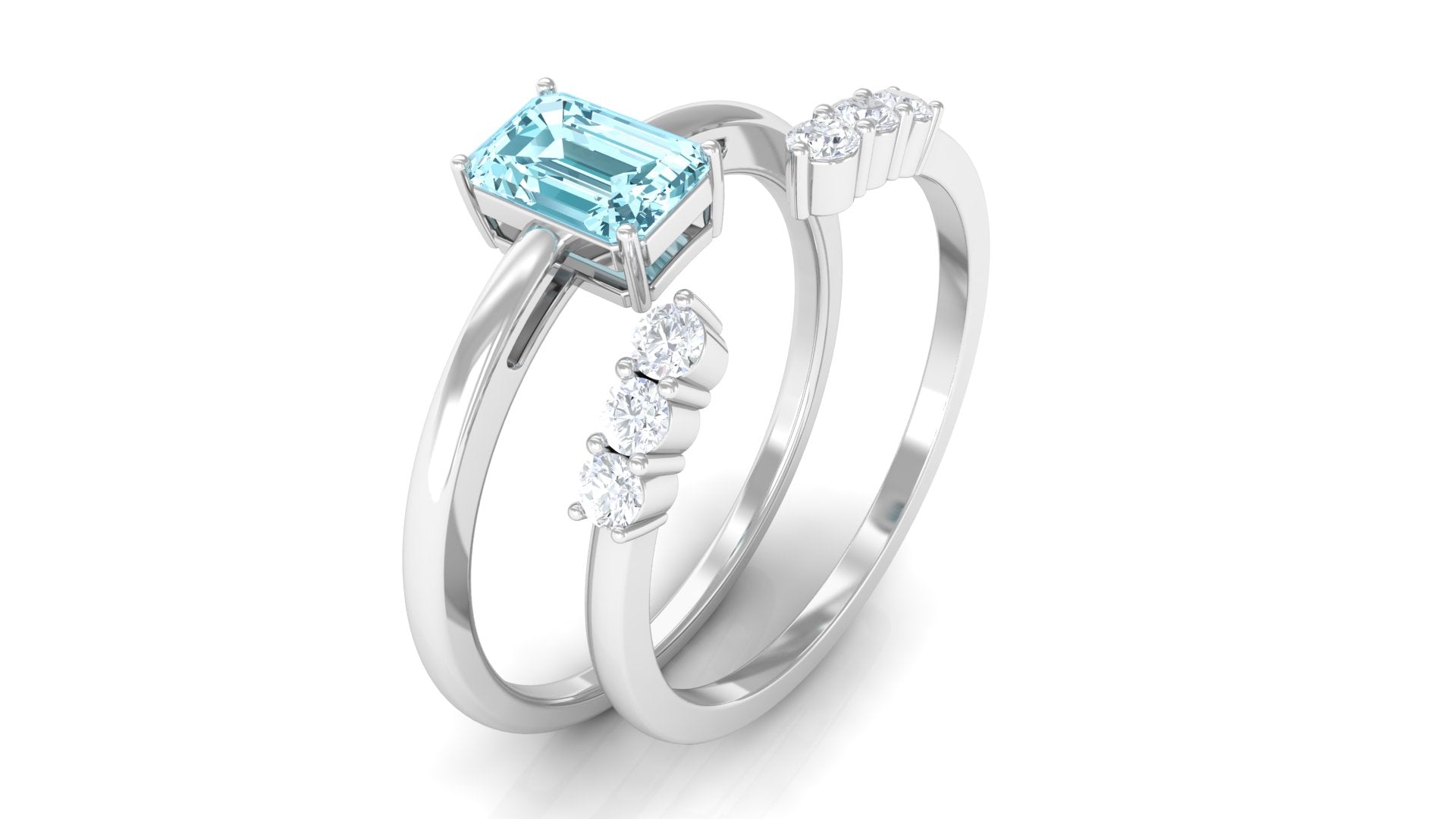 Aquamarine and Diamond Solitaire Stackable Ring Set Aquamarine - ( AAA ) - Quality - Rosec Jewels