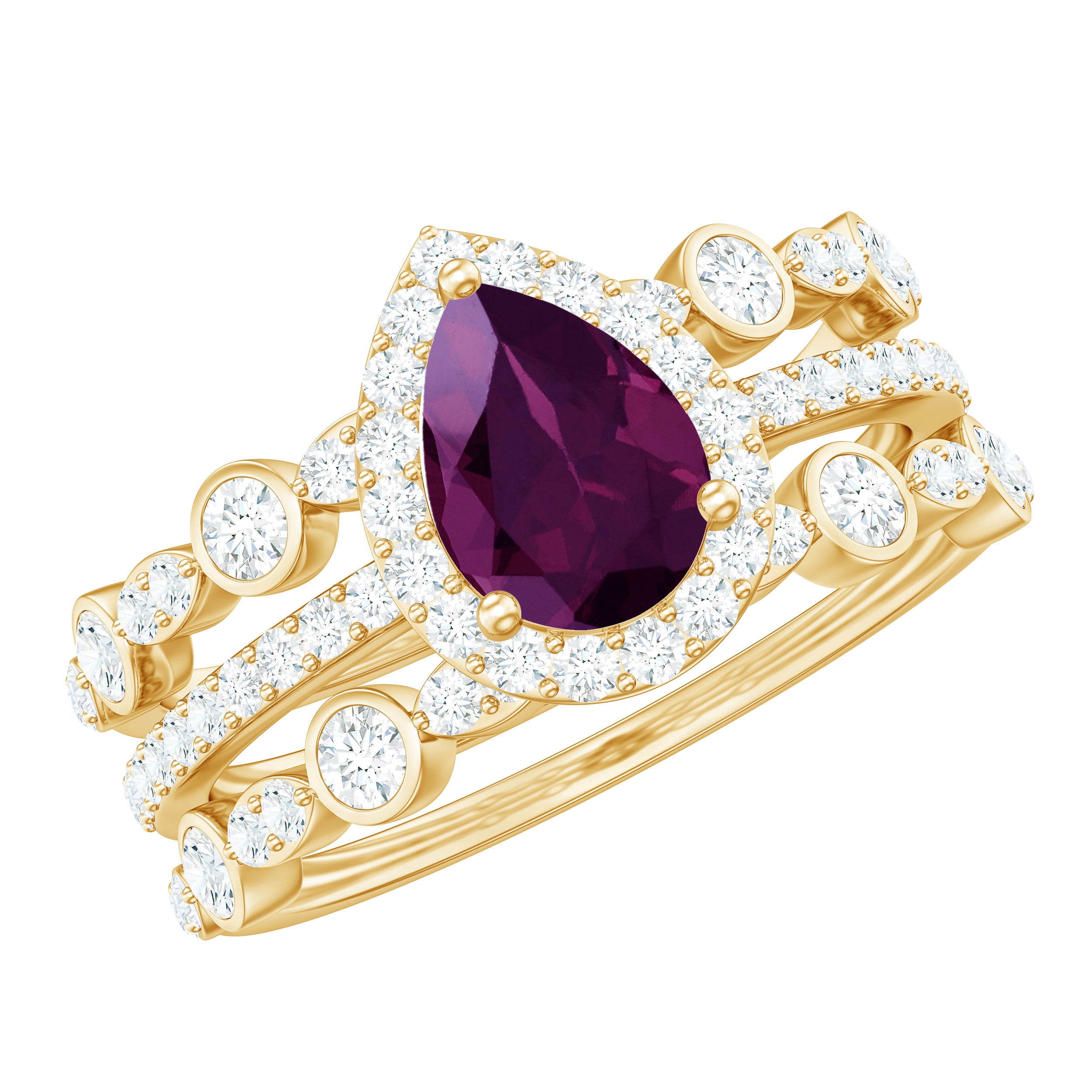 Pear Cut Rhodolite Bridal Trio Ring Set with Moissanite Halo Rhodolite - ( AAA ) - Quality - Rosec Jewels