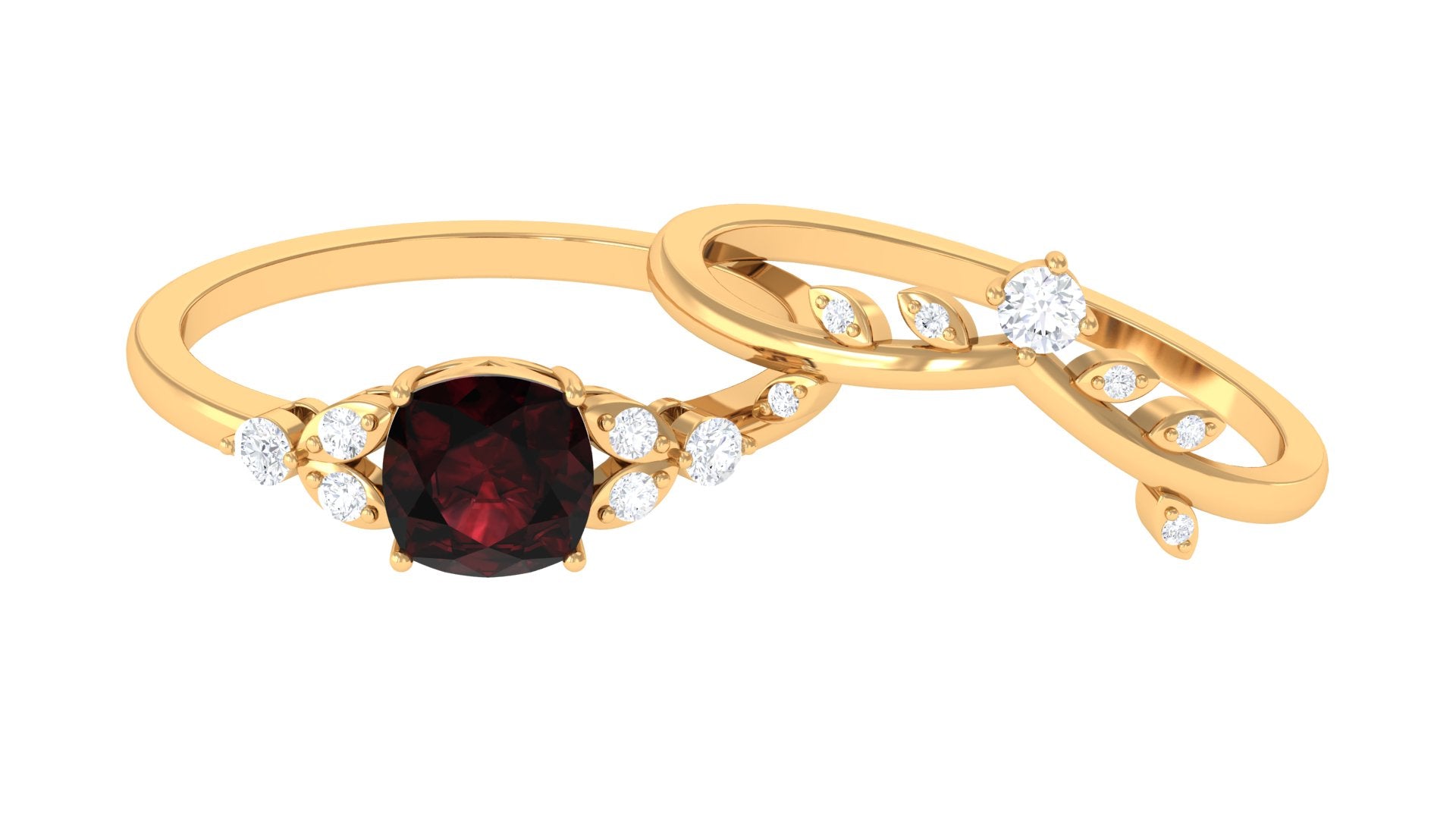 Garnet and Diamond Ring Set with Leaf Motif Garnet - ( AAA ) - Quality - Rosec Jewels